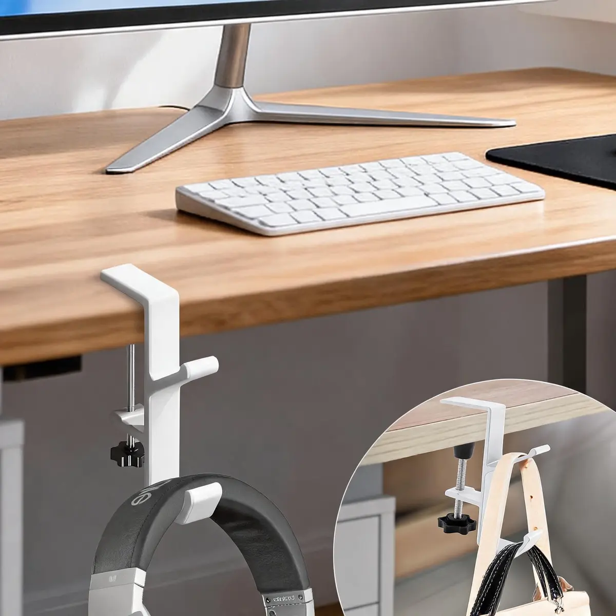 CaLeQi White Double Hook Desk Mount Bag Holder Clamp 10.2 cm (4 inch) | Max 13.6 kg (30 lb) Capacity - main product image