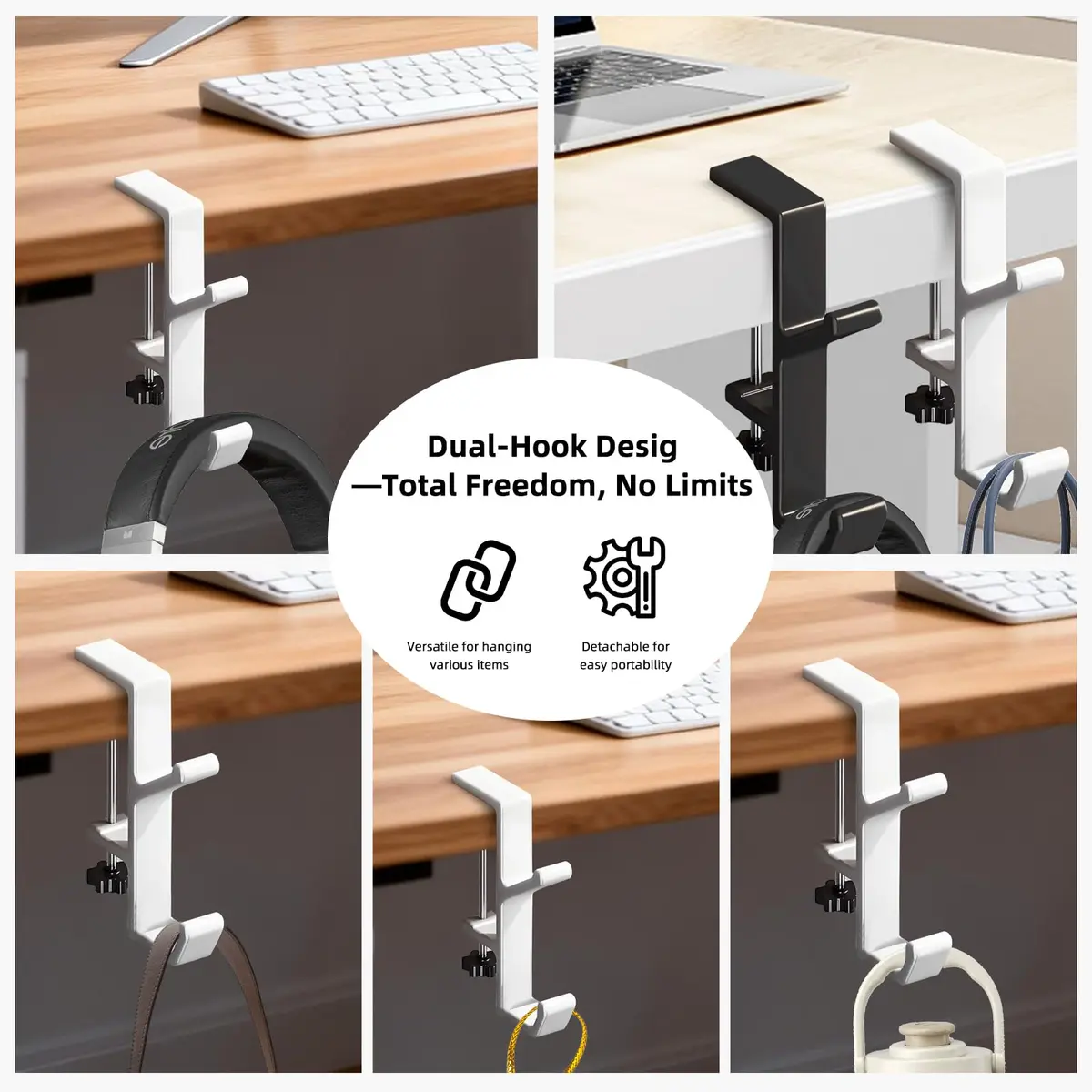 CaLeQi White Double Hook Desk Mount Bag Holder Clamp 10.2 cm (4 inch) | Max 13.6 kg (30 lb) Capacity - view 4