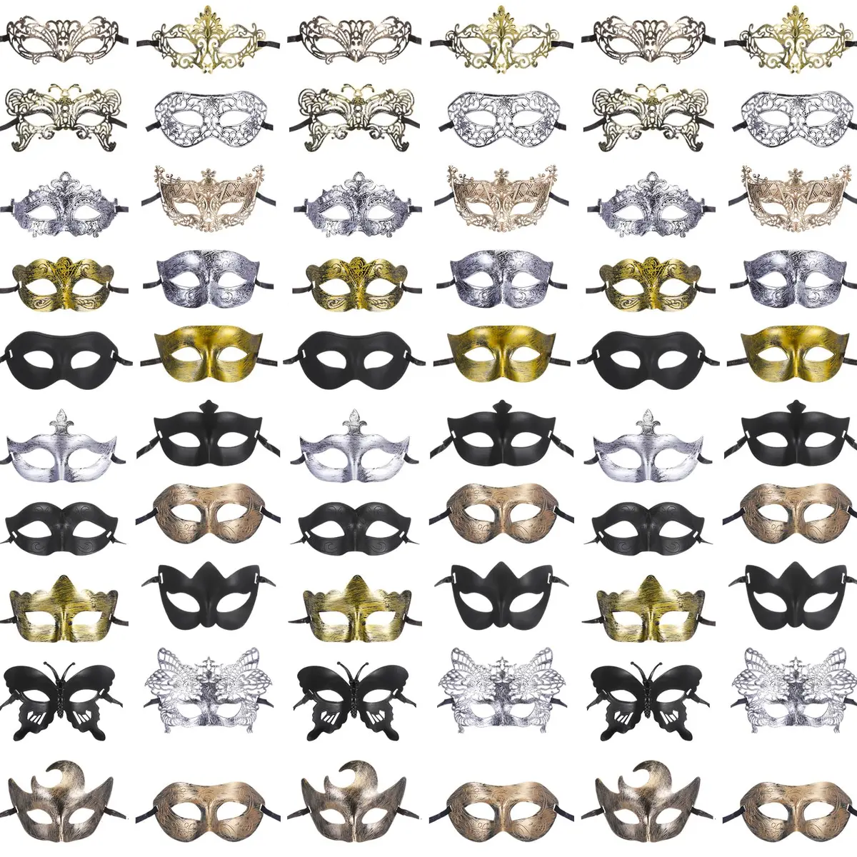 Chivao 60 Pcs Halloween Masquerade Masks Bulk (20 Styles, Gold/Silver/Brass/Black) | Modern Retro Design for Parties - main product image
