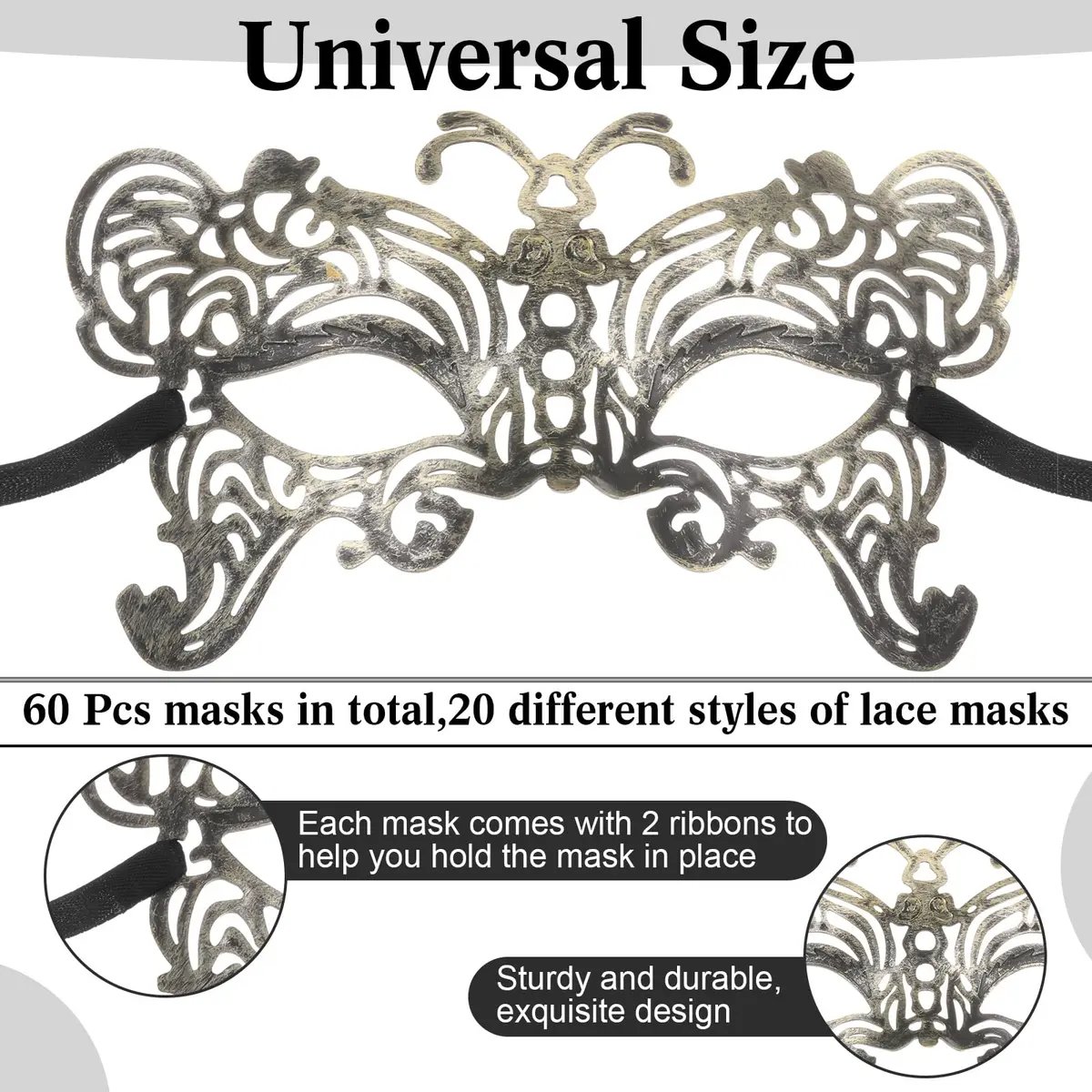 Chivao 60 Pcs Halloween Masquerade Masks Bulk (20 Styles, Gold/Silver/Brass/Black) | Modern Retro Design for Parties - view 2