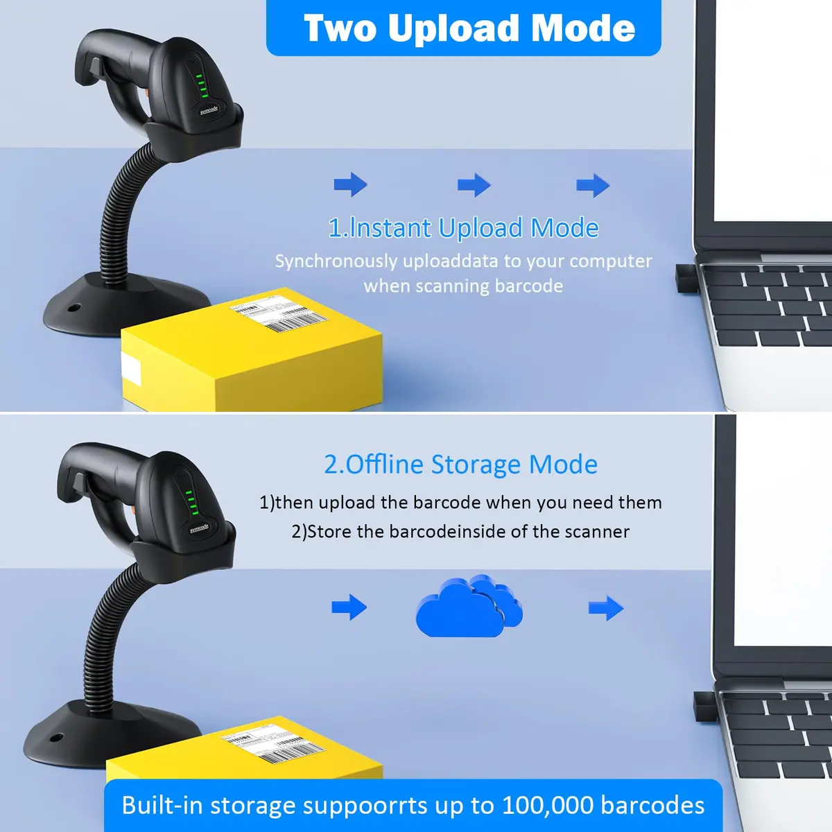 Symcode MJ-4590A Wireless 1D Laser Barcode Scanner with Auto-Sensing Stand & Battery Indicator | 200m Range - view 3