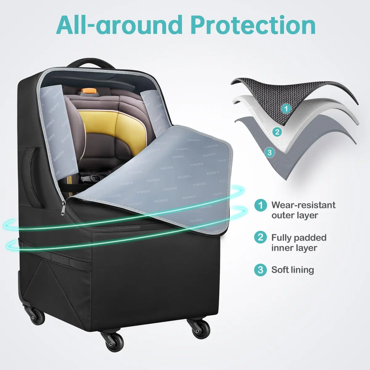 YOREPEK Padded Car Seat Travel Bag for Airplane with Wheels | Durable, Water-Resistant, Fits Most Convertible Car Seats - view 6