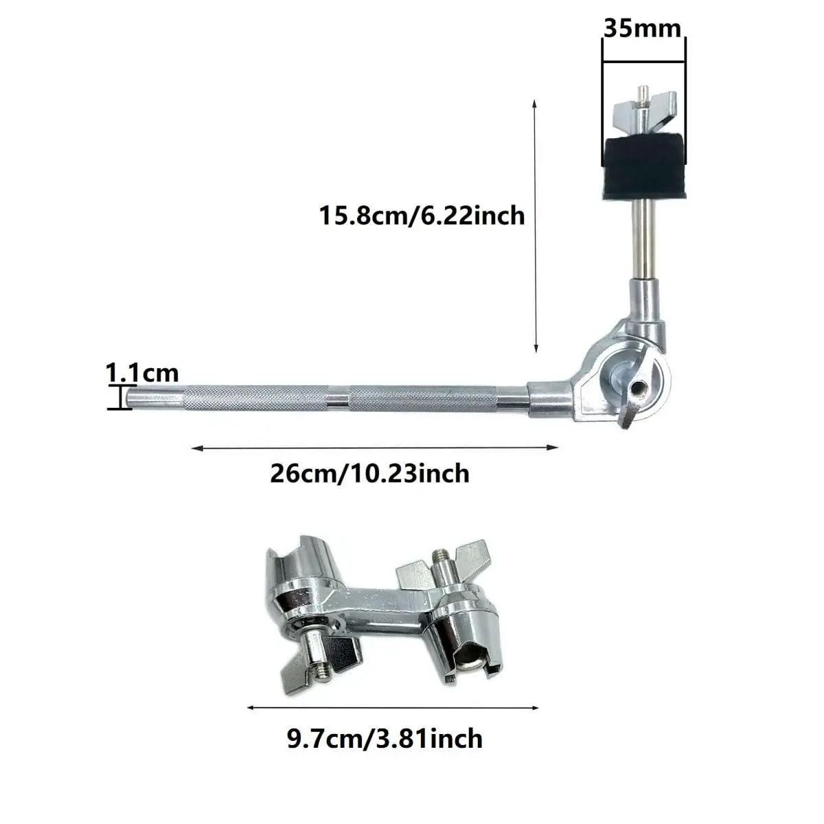 TUOREN Cymbal Boom Arm Stacker Attachment with Multi-Clamp, 10.2 inch Adjustable Cymbal Arm Holder and 6.6 inch Straight Cymbal Stacker for 8mm Cymbal Stand Tops Mount (Black 10) - view 5