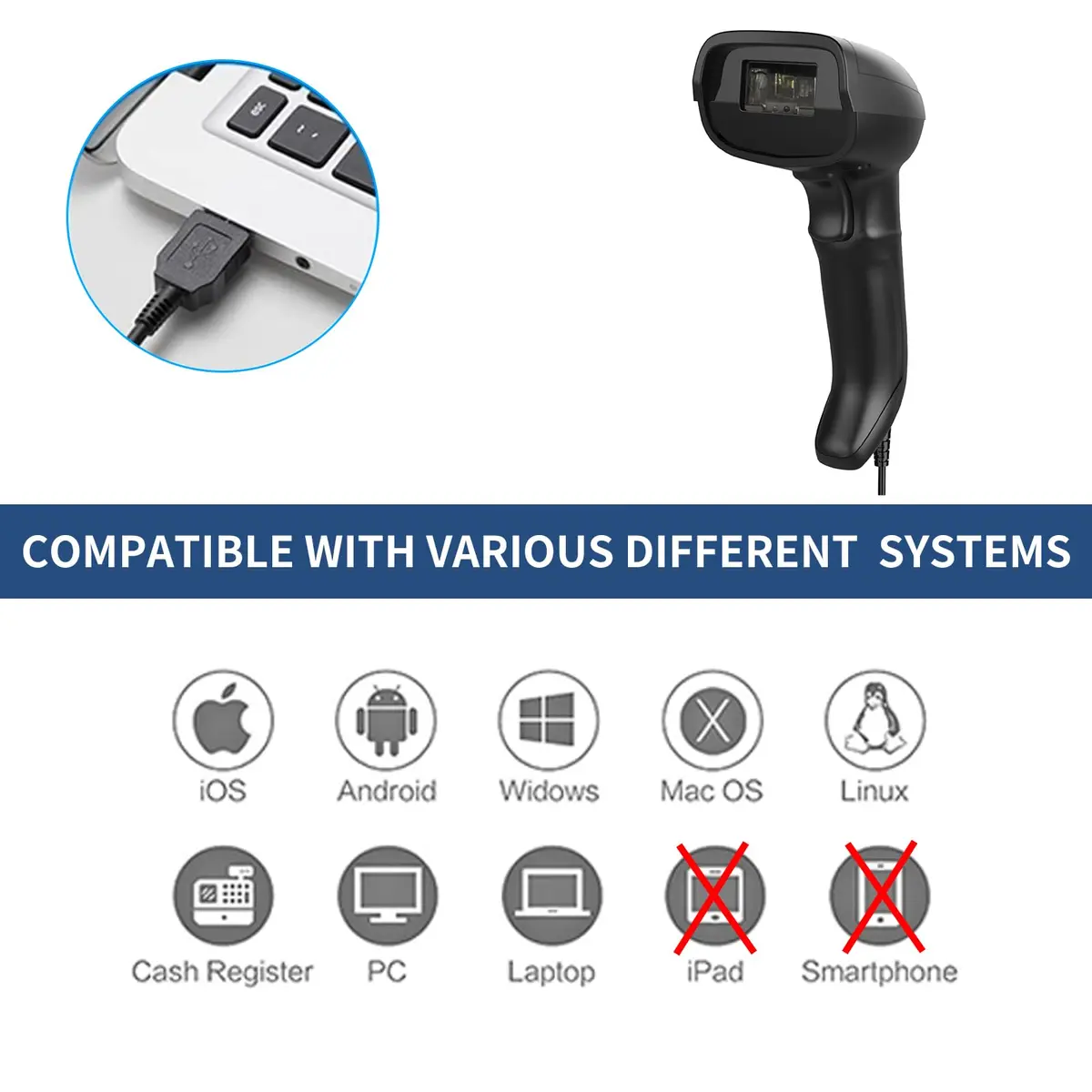 Symcode MJ-4590L 1D Wired Laser Barcode Scanner with Stand | Reads Damaged & Screen Codes - view 7