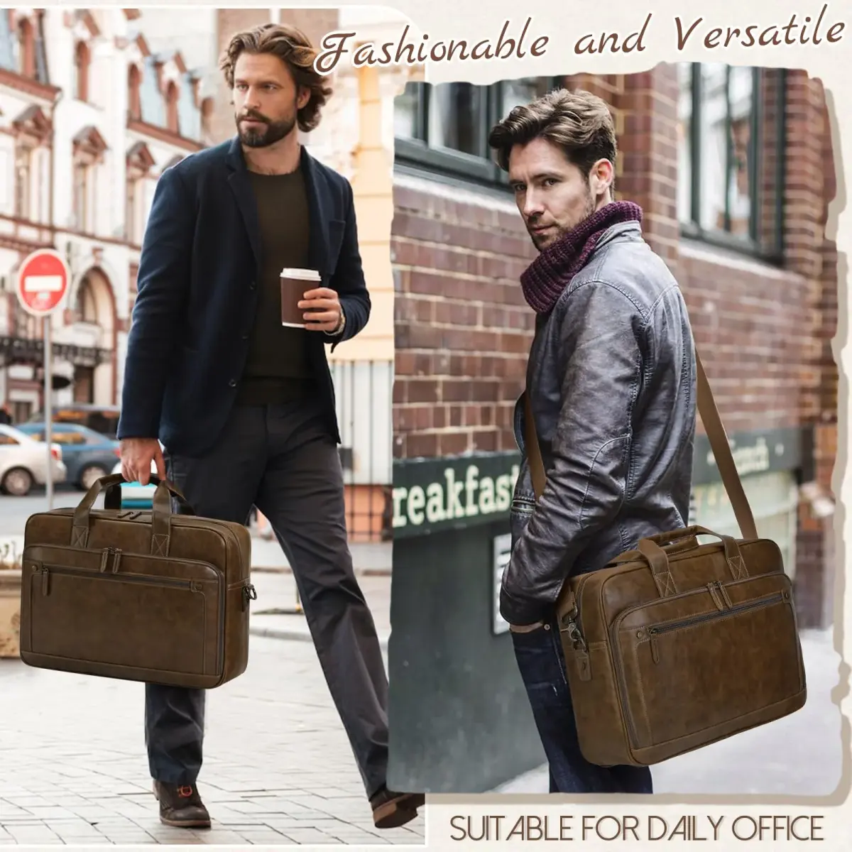 RAINSMORE Men's Leather Laptop Briefcase 43.4cm (17.1 inch) | Vintage Messenger Bag for Business & Travel - view 2