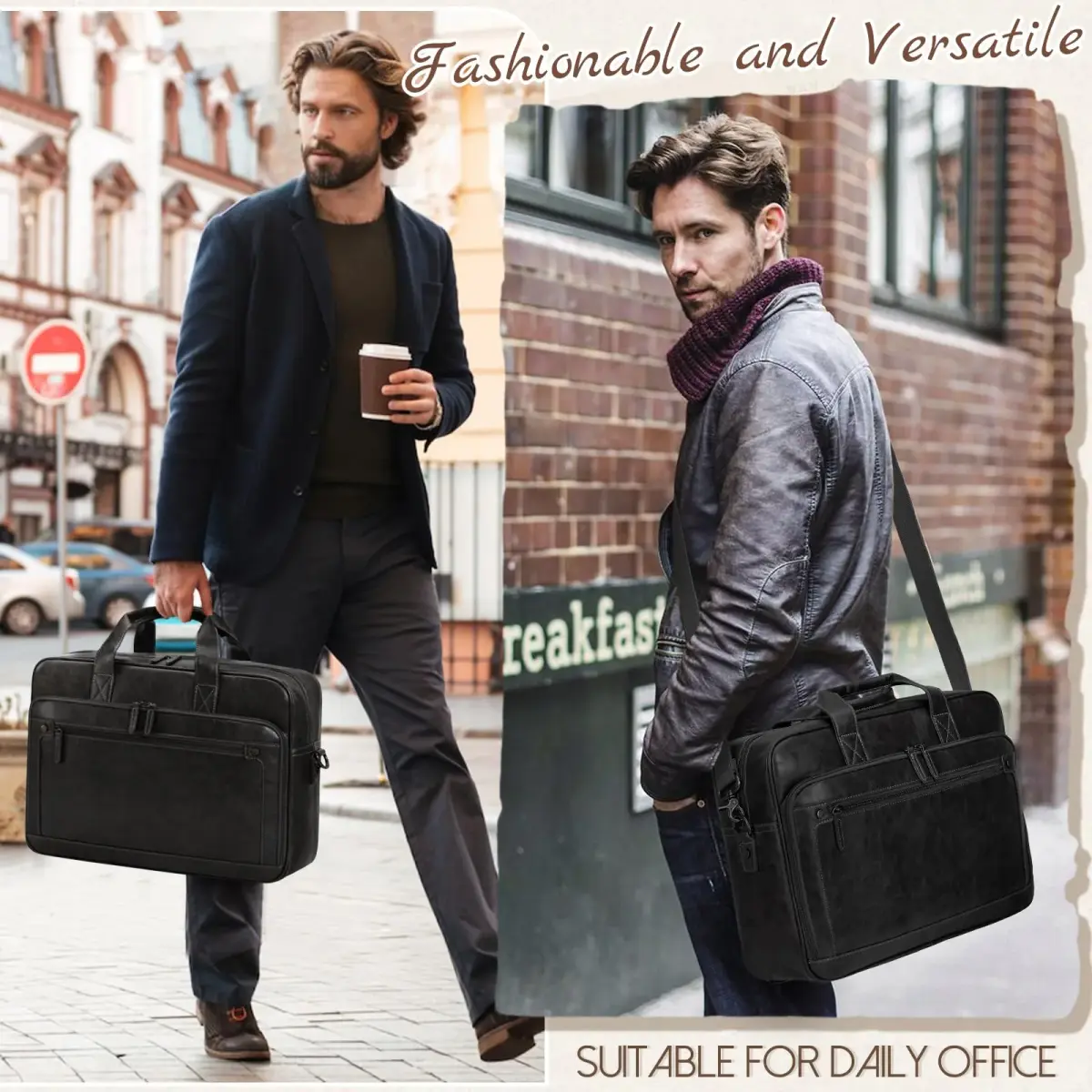 RAINSMORE Men's Leather Laptop Briefcase 16 Inch Vintage Messenger Bag | 40.9cm x 12.9cm x 30.5cm - view 2