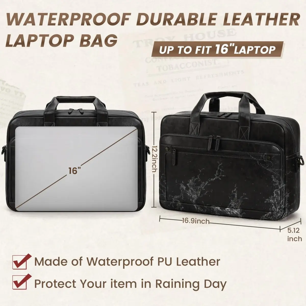 RAINSMORE Men's Leather Laptop Briefcase 16 Inch Vintage Messenger Bag | 40.9cm x 12.9cm x 30.5cm - view 3