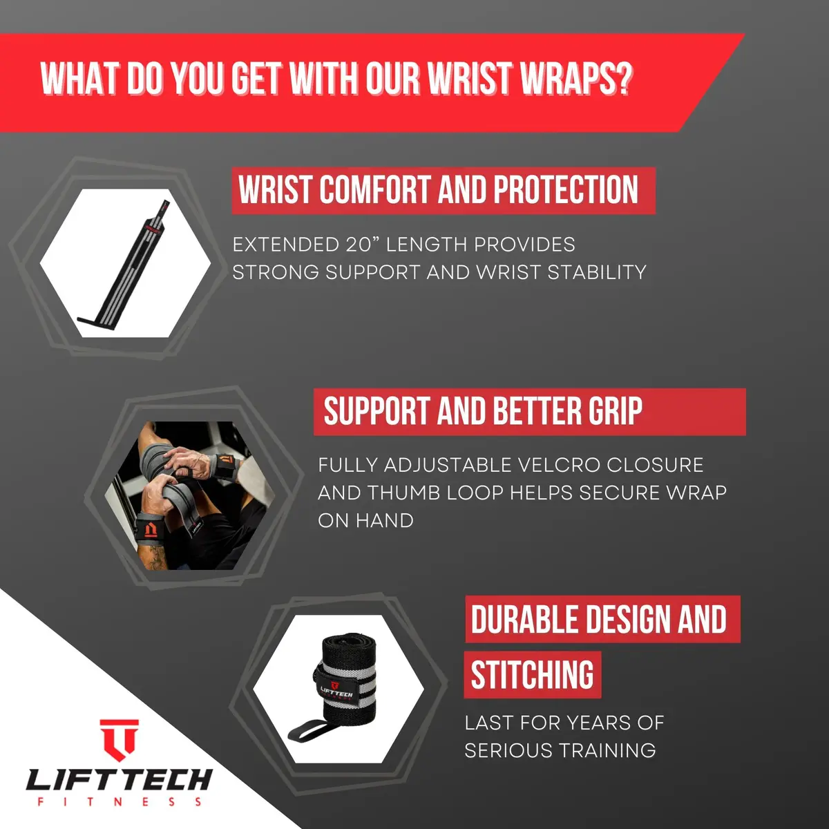 Lift Tech Fitness PRO 20'' Lifting Wrist Wraps - Black & Silver Support for Heavy Lifting (120 chars) - view 3