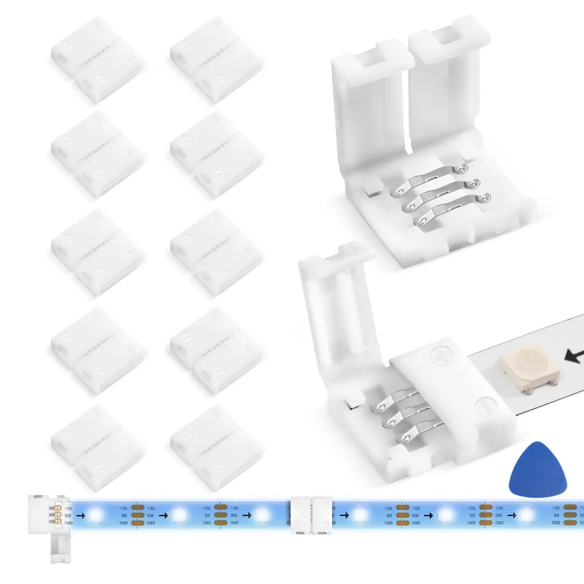 WENHSIN 3-Pin RGB LED Light Strip Connectors 8mm (0.31in) | Solderless Adapter Terminal Extension for 72W Strips - main product image