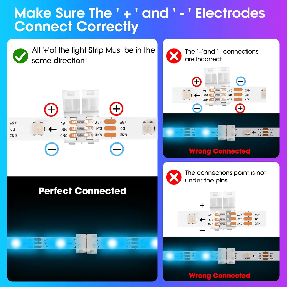 WENHSIN 3-Pin RGB LED Light Strip Connectors 8mm (0.31in) | Solderless Adapter Terminal Extension for 72W Strips - view 5