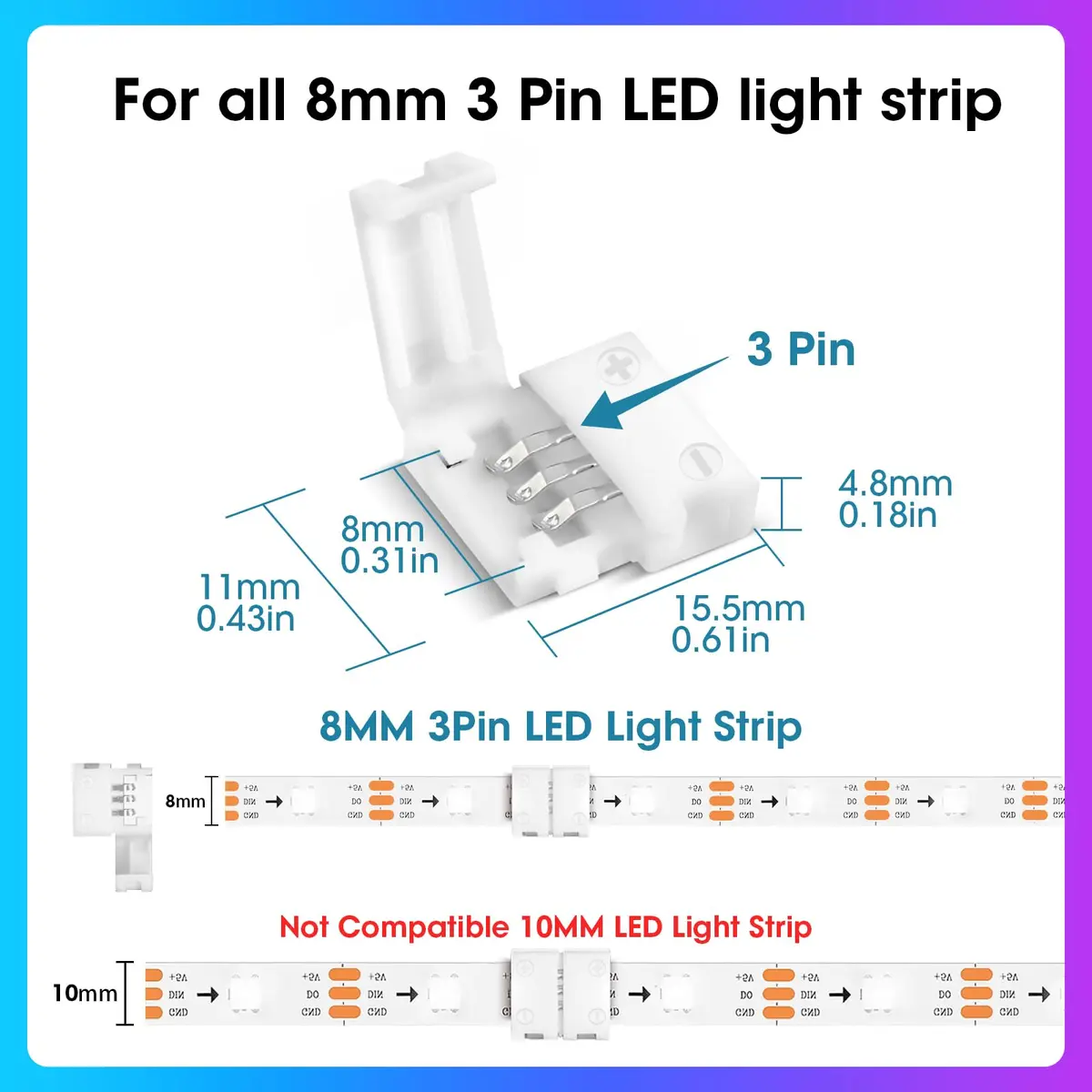 WENHSIN 3-Pin RGB LED Light Strip Connectors 8mm (0.31in) | Solderless Adapter Terminal Extension for 72W Strips - view 2