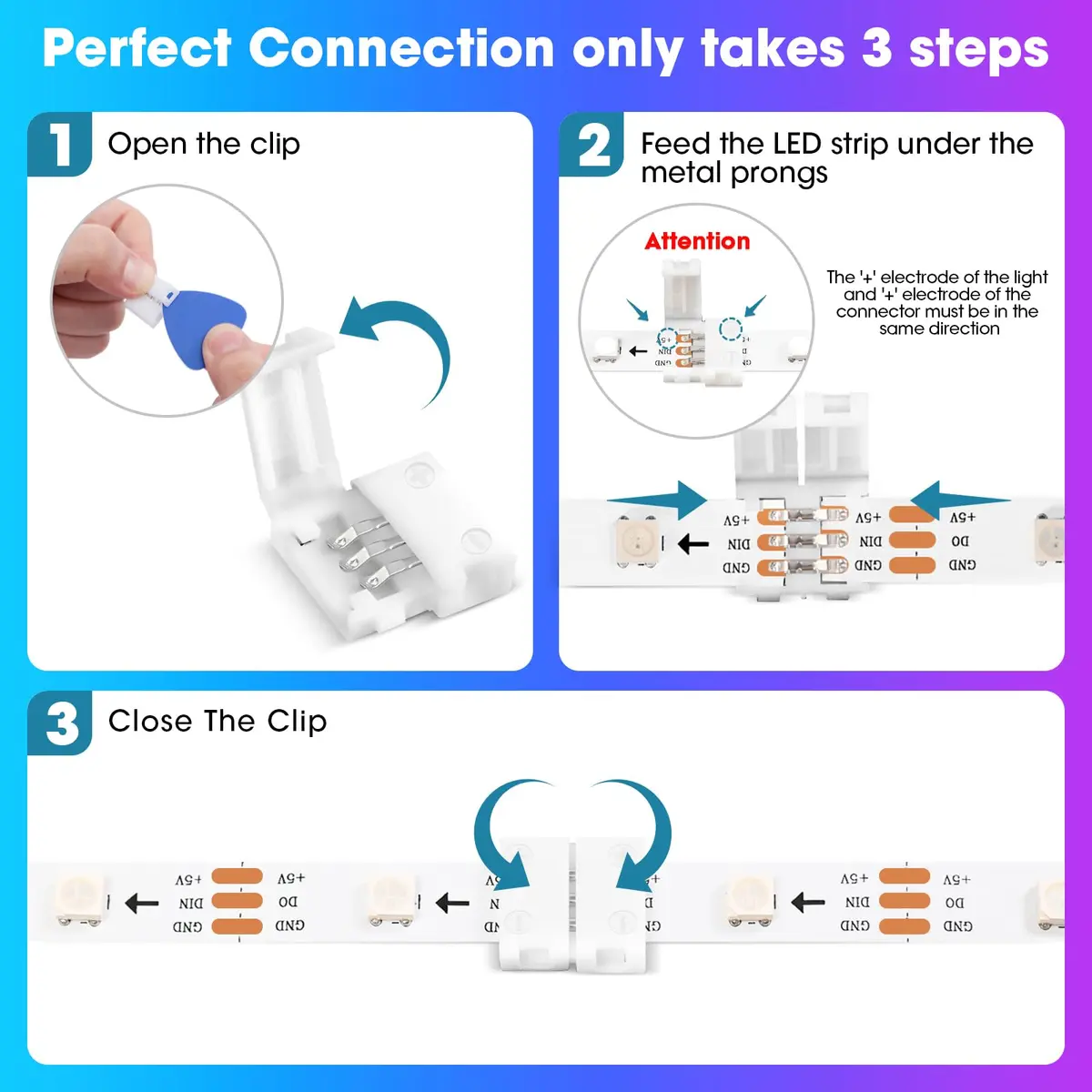 WENHSIN 3-Pin RGB LED Light Strip Connectors 8mm (0.31in) | Solderless Adapter Terminal Extension for 72W Strips - view 4