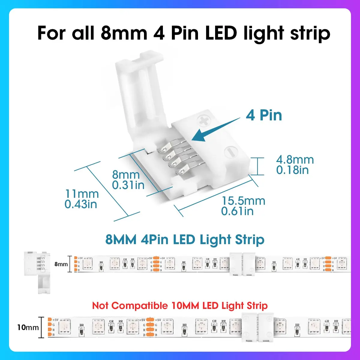 WENHSIN 8mm 4-Pin RGB LED Strip Connectors (10-Pack, 72W Max) | Solderless Extension for SMD 2835/3528/5050 RGB/RGBW Strips - view 2