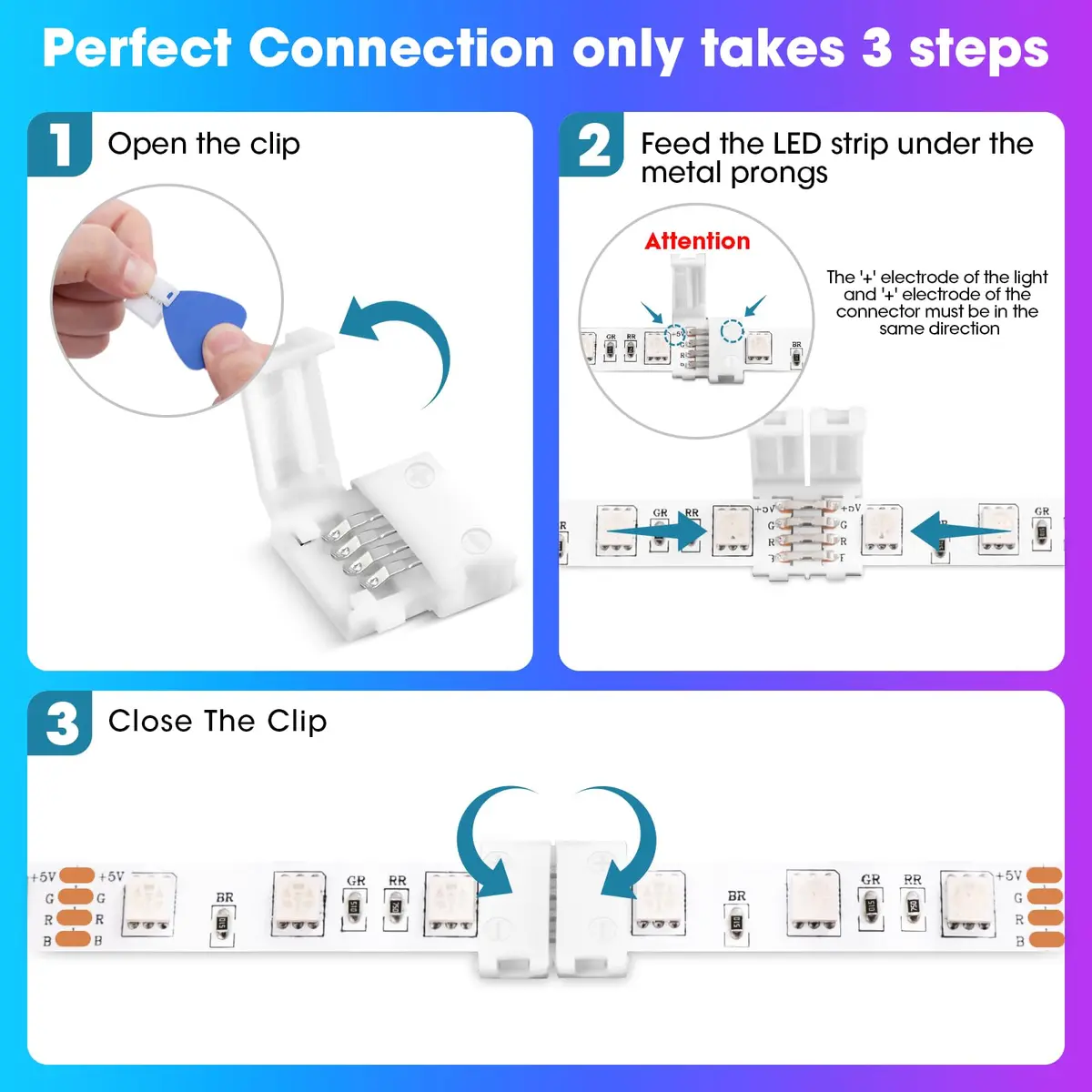 WENHSIN 8mm 4-Pin RGB LED Strip Connectors (10-Pack, 72W Max) | Solderless Extension for SMD 2835/3528/5050 RGB/RGBW Strips - view 4