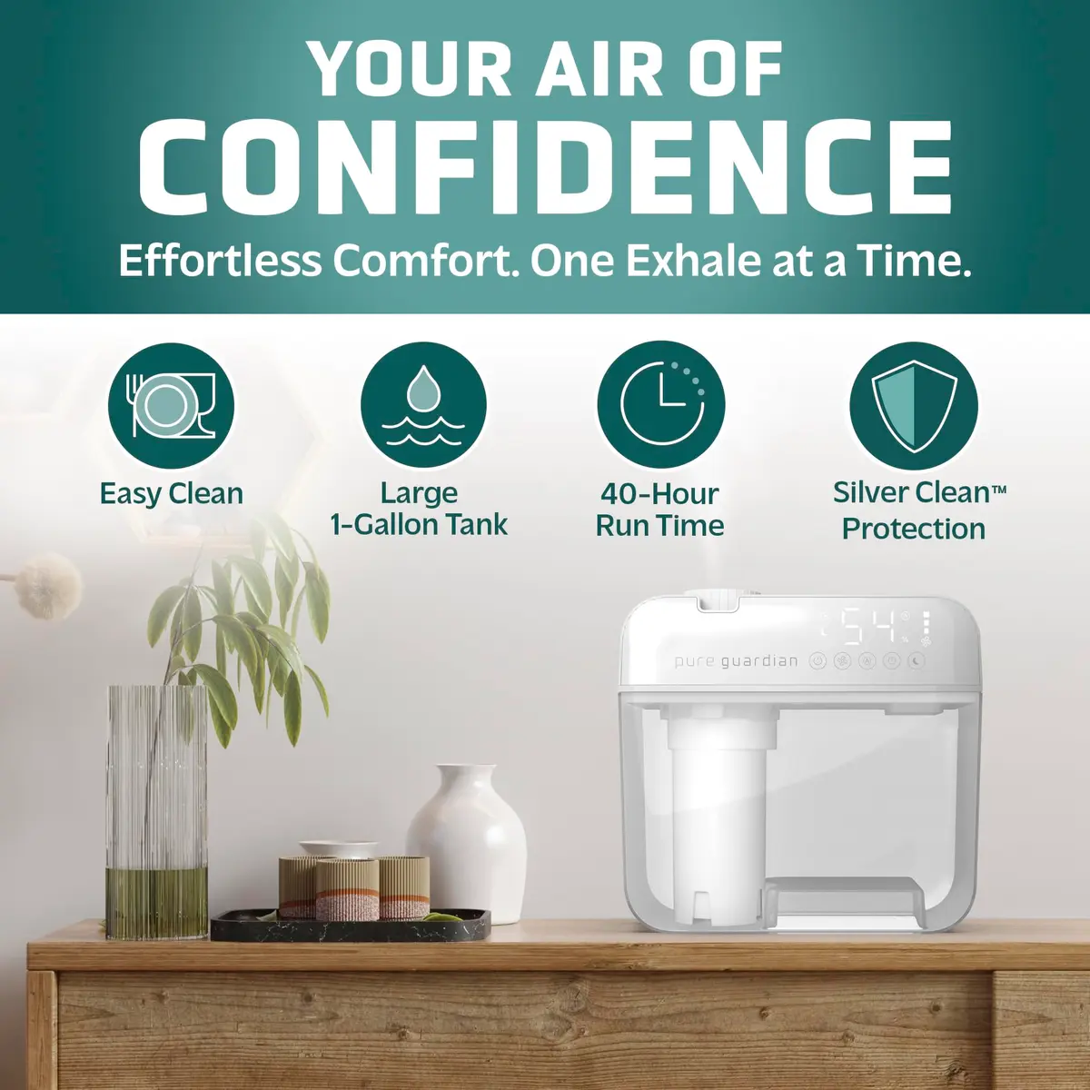PureGuardian 1 Gallon Ultrasonic Humidifier | 48-Hour Run, Humidistat, Filter-Free, White - view 2
