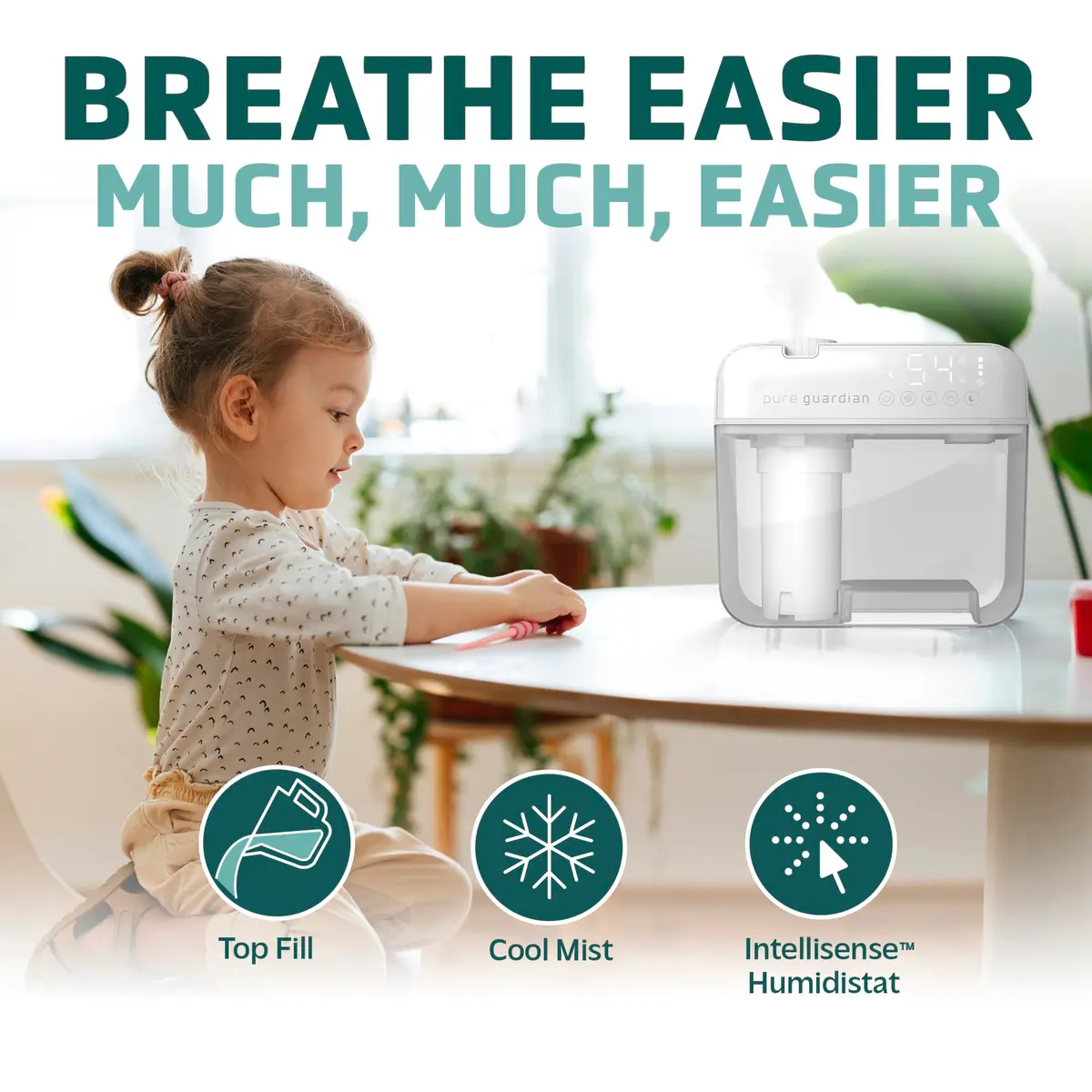PureGuardian 1 Gallon Ultrasonic Humidifier | 48-Hour Run, Humidistat, Filter-Free, White - view 3