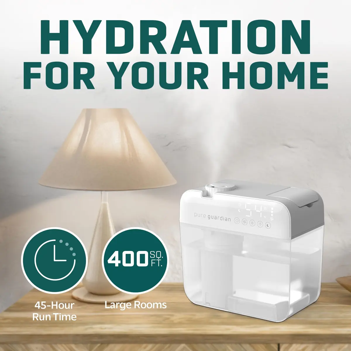 PureGuardian 1 Gallon Ultrasonic Humidifier | 48-Hour Run, Humidistat, Filter-Free, White - view 4