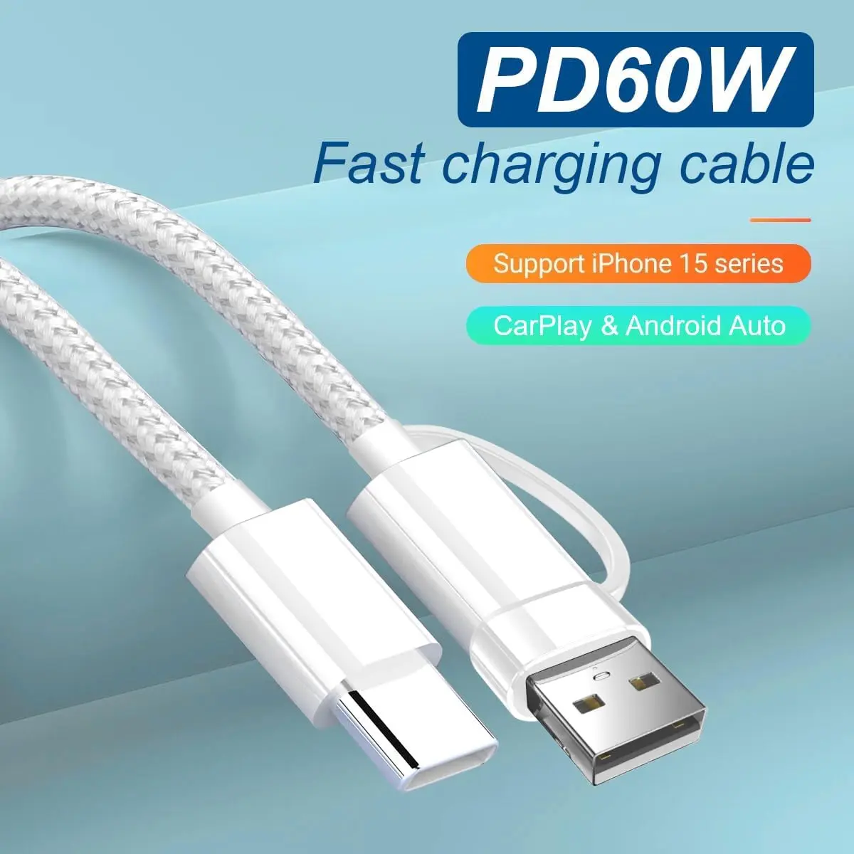 TOP-UP 2 in 1 USB to USB C Cable 3FT, 60W Braided Type C Charger Cord | Fast Charging & Durable - view 4