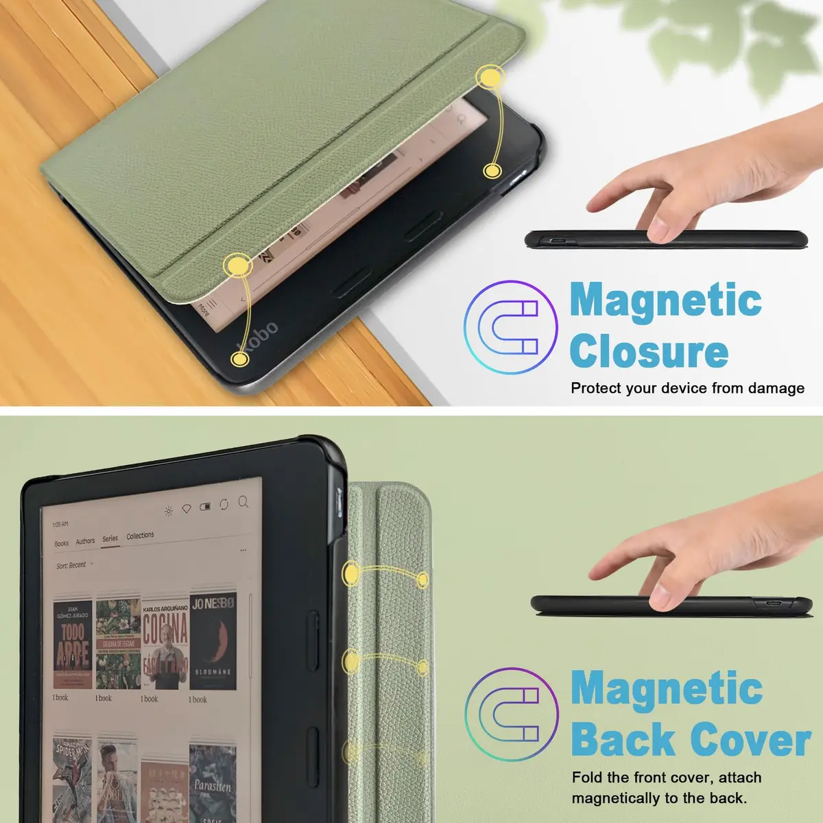 Caweet Green PU Leather Case for Kobo Libra Colour (7-inch) | Auto Sleep Wake Folio - view 5