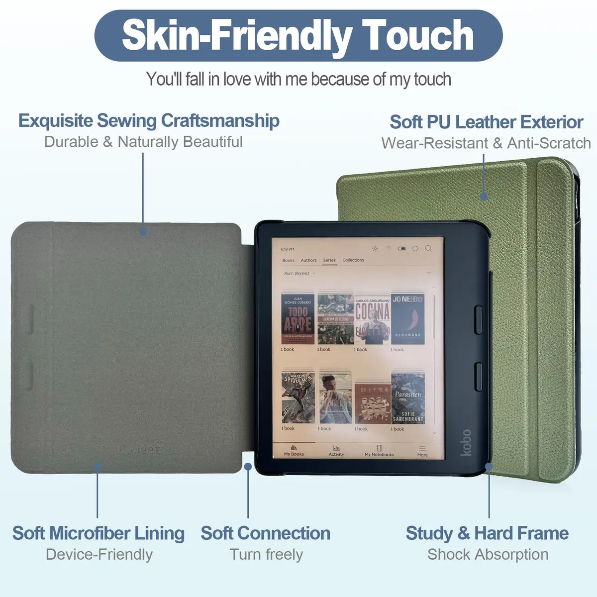 Caweet Green PU Leather Case for Kobo Libra Colour (7-inch) | Auto Sleep Wake Folio - view 4