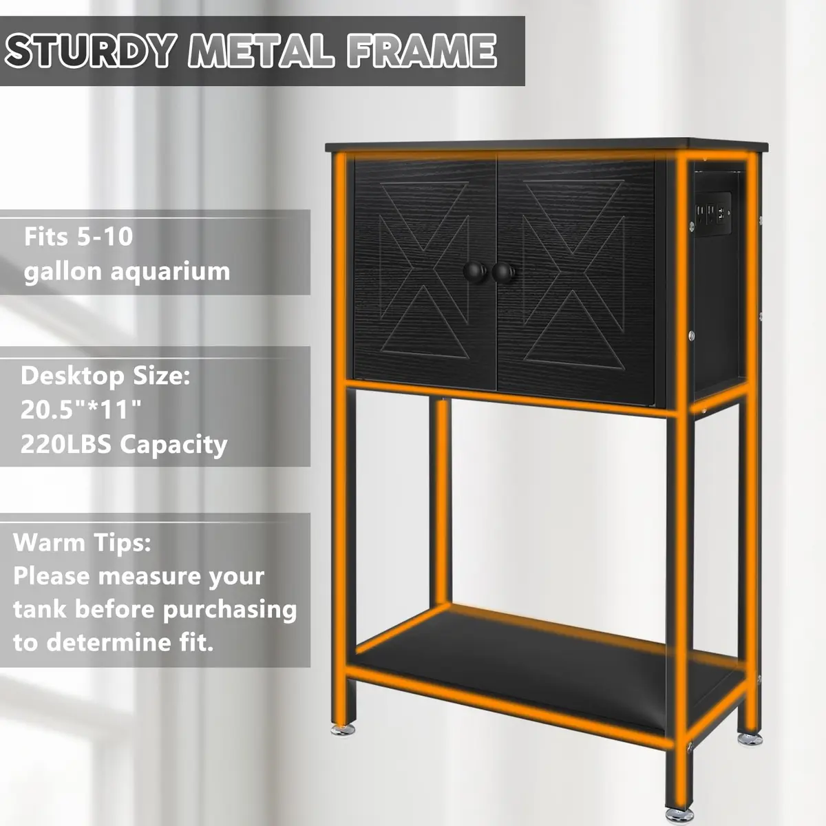 BEURUKU Heavy Duty Fish Tank Stand with Cabinet & Power Outlets 20.5" L x 11" W | Supports 220LBS, 5-10 Gallon Aquarium - view 6