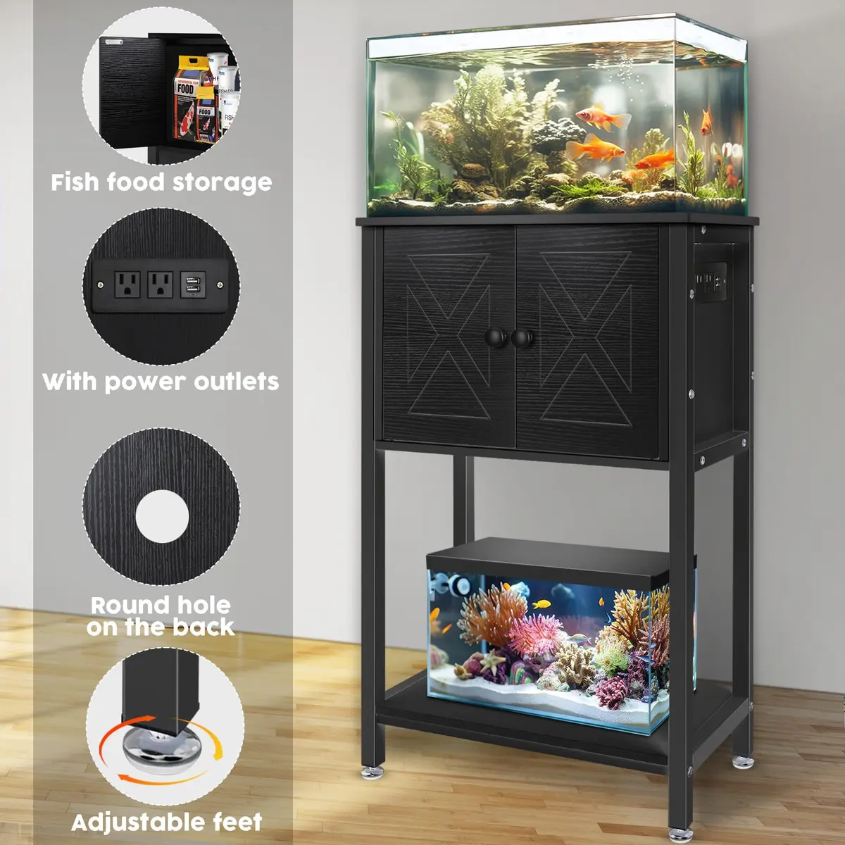 BEURUKU Heavy Duty Fish Tank Stand with Cabinet & Power Outlets 20.5" L x 11" W | Supports 220LBS, 5-10 Gallon Aquarium - view 2