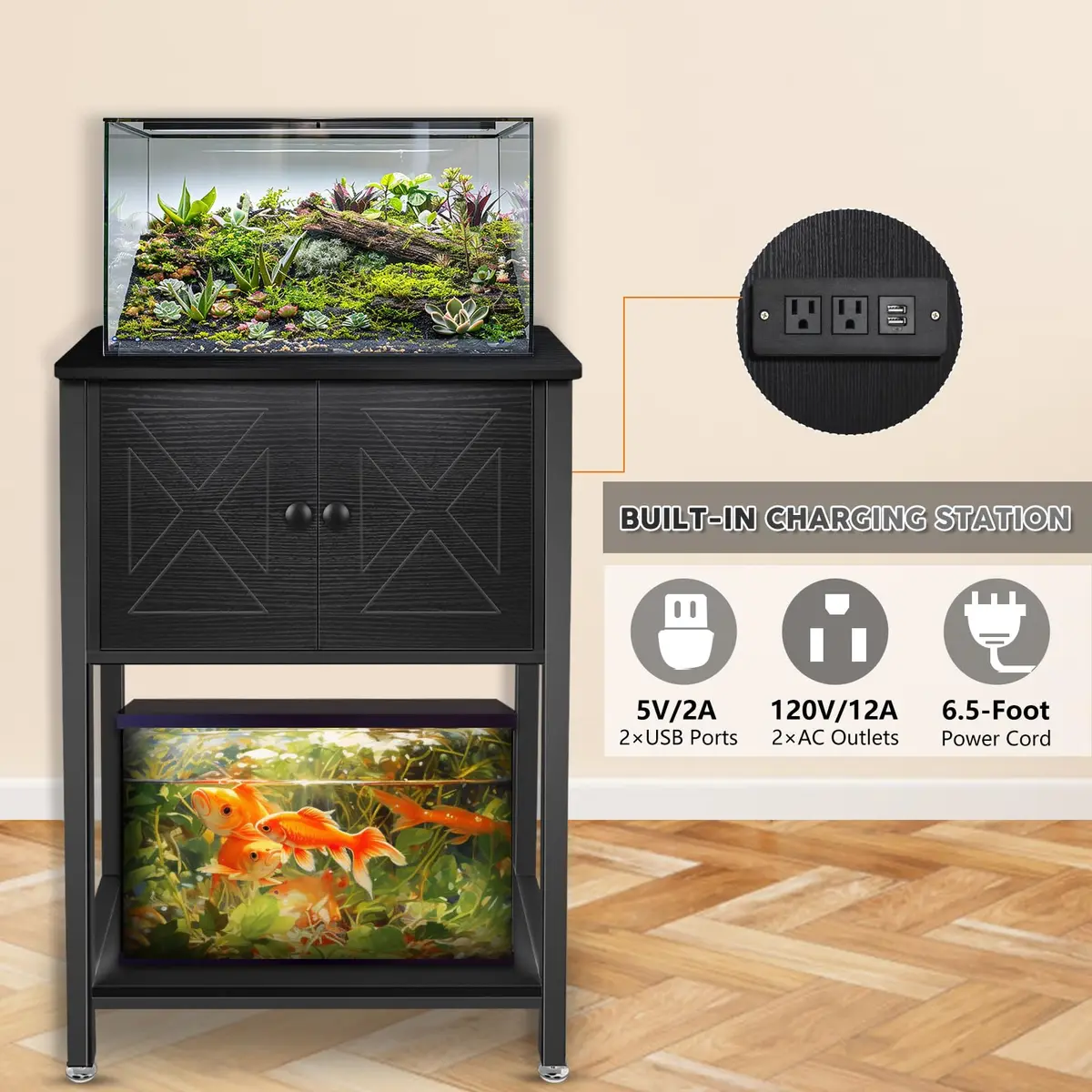 BEURUKU Heavy Duty Fish Tank Stand with Cabinet & Power Outlets 20.5" L x 11" W | Supports 220LBS, 5-10 Gallon Aquarium - view 4