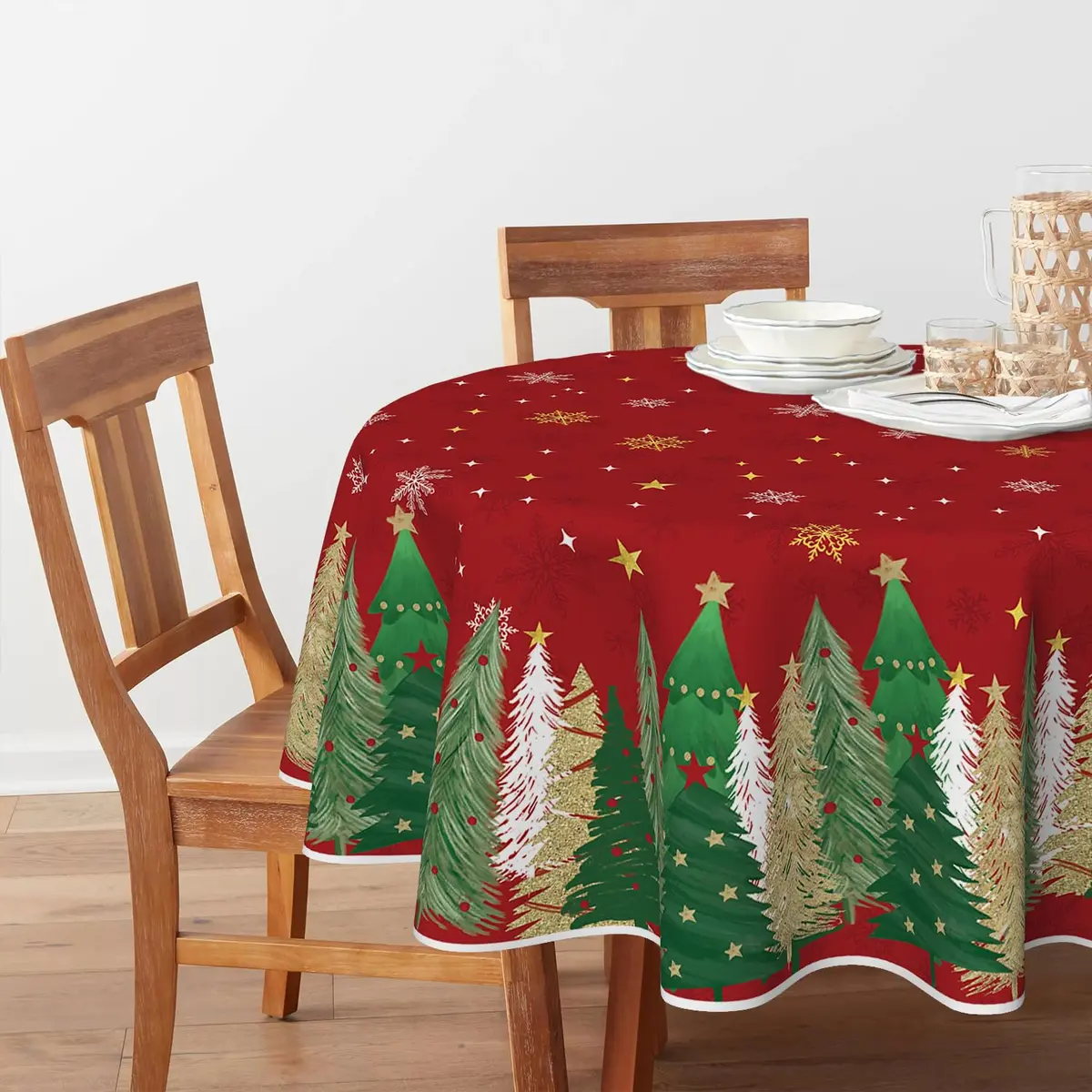 Horaldaily Christmas Tablecloth 70 x 70 Inch Round Trees Red | Festive Home Decor (120 chars) - view 2