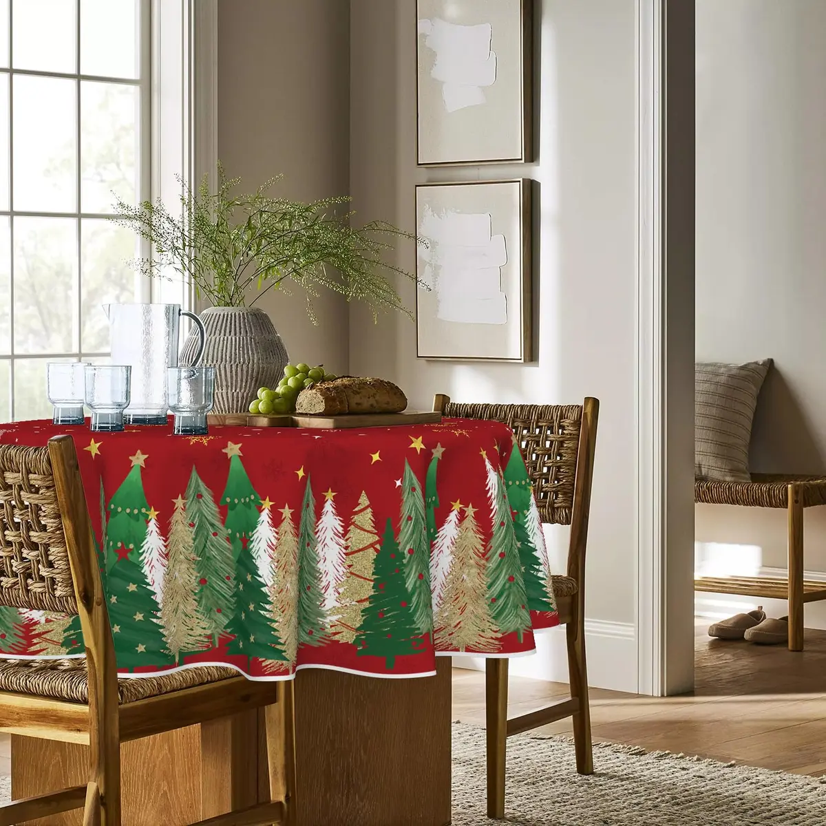 Horaldaily Christmas Tablecloth 70 x 70 Inch Round Trees Red | Festive Home Decor (120 chars) - view 3