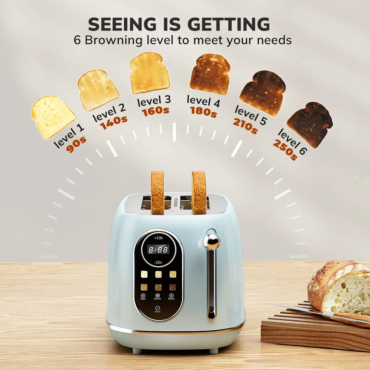 Keenstone Smart Touch Screen Toaster 2 Slice | Retro Wide Slot Stainless Steel with 6 Browning Levels - view 5