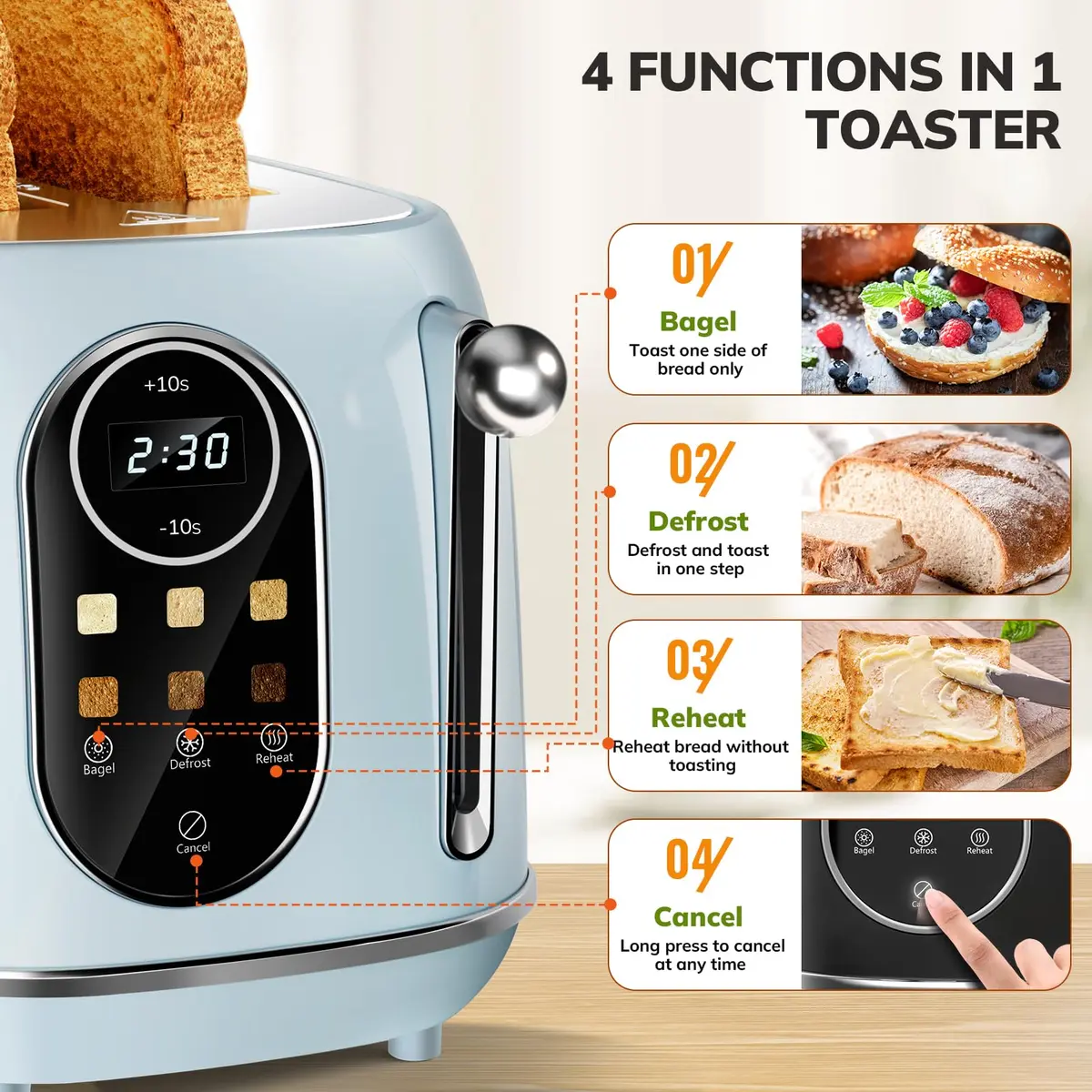 Keenstone Smart Touch Screen Toaster 2 Slice | Retro Wide Slot Stainless Steel with 6 Browning Levels - view 6