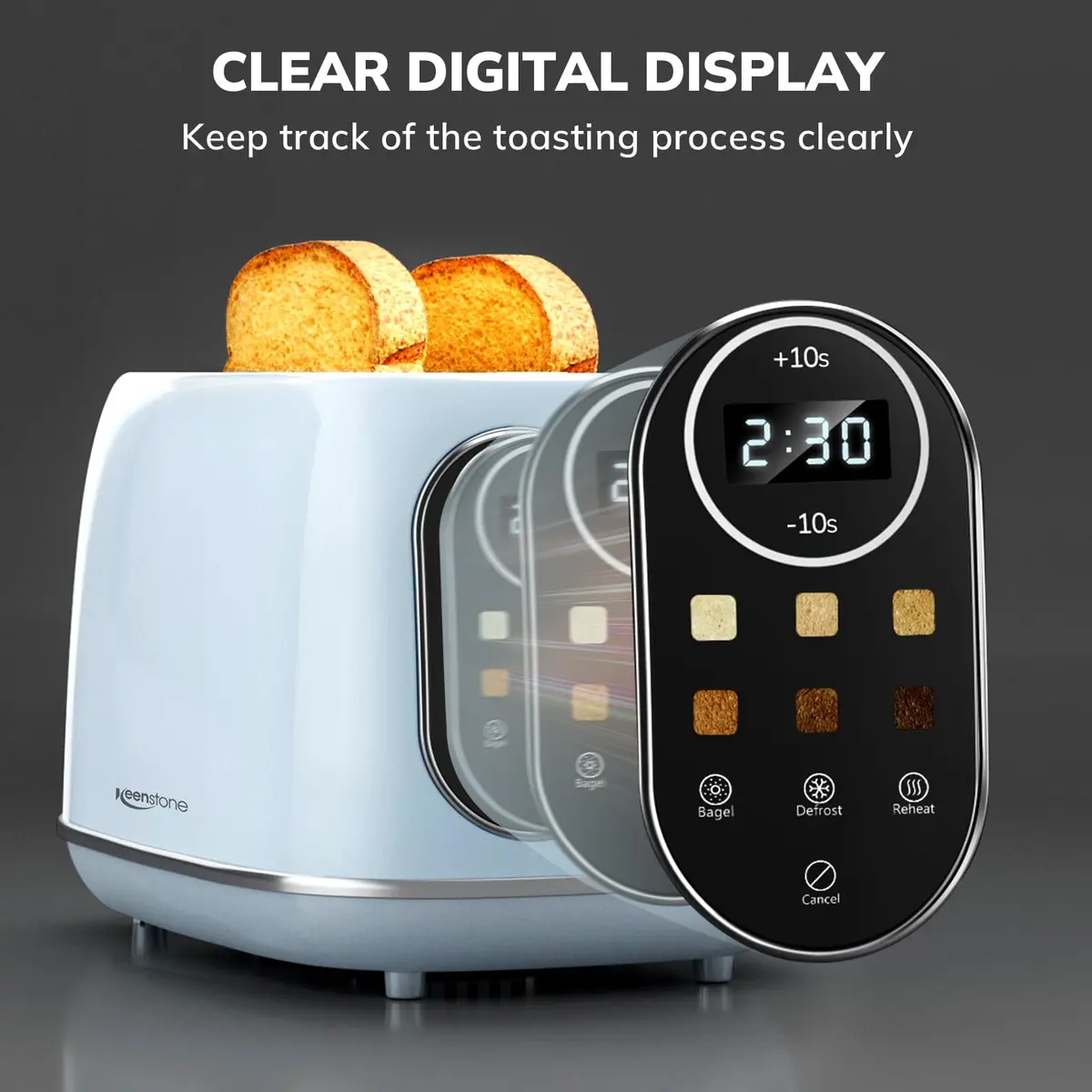 Keenstone Smart Touch Screen Toaster 2 Slice | Retro Wide Slot Stainless Steel with 6 Browning Levels - view 2