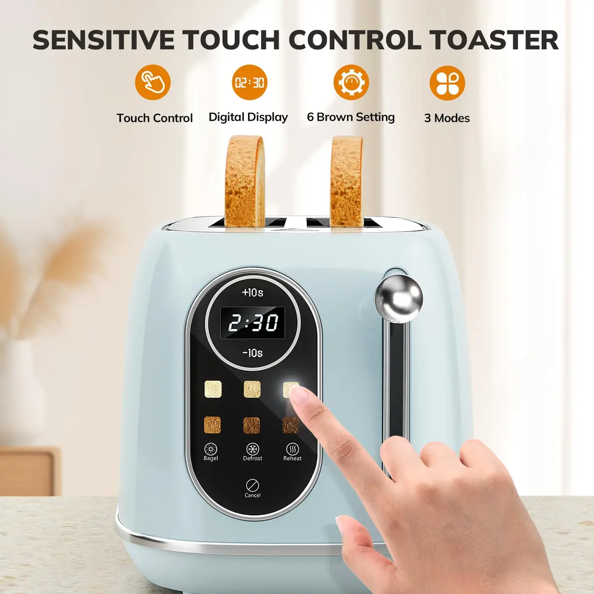 Keenstone Smart Touch Screen Toaster 2 Slice | Retro Wide Slot Stainless Steel with 6 Browning Levels - view 4