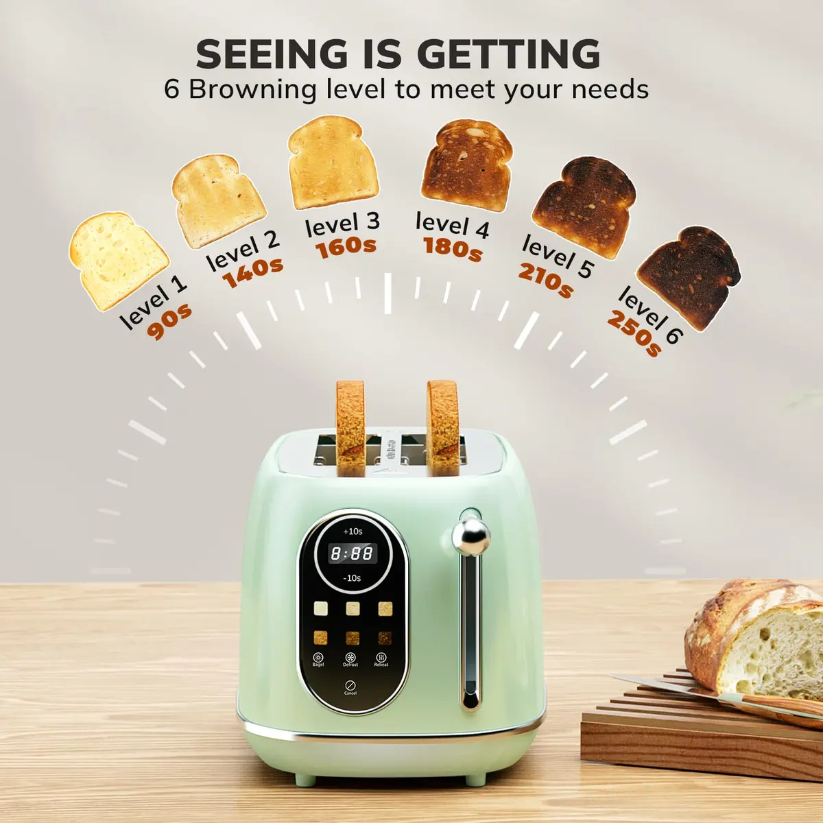 Keenstone Touch Screen Toaster 2 Slice | Retro Wide Slot Stainless Steel with 6 Browning Levels - view 5
