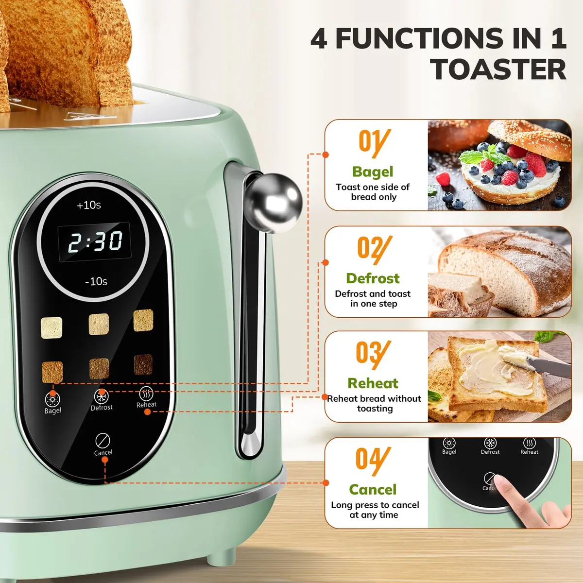 Keenstone Touch Screen Toaster 2 Slice | Retro Wide Slot Stainless Steel with 6 Browning Levels - view 6