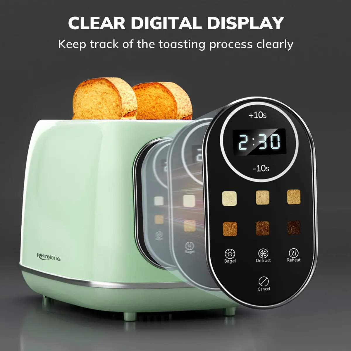 Keenstone Touch Screen Toaster 2 Slice | Retro Wide Slot Stainless Steel with 6 Browning Levels - view 2