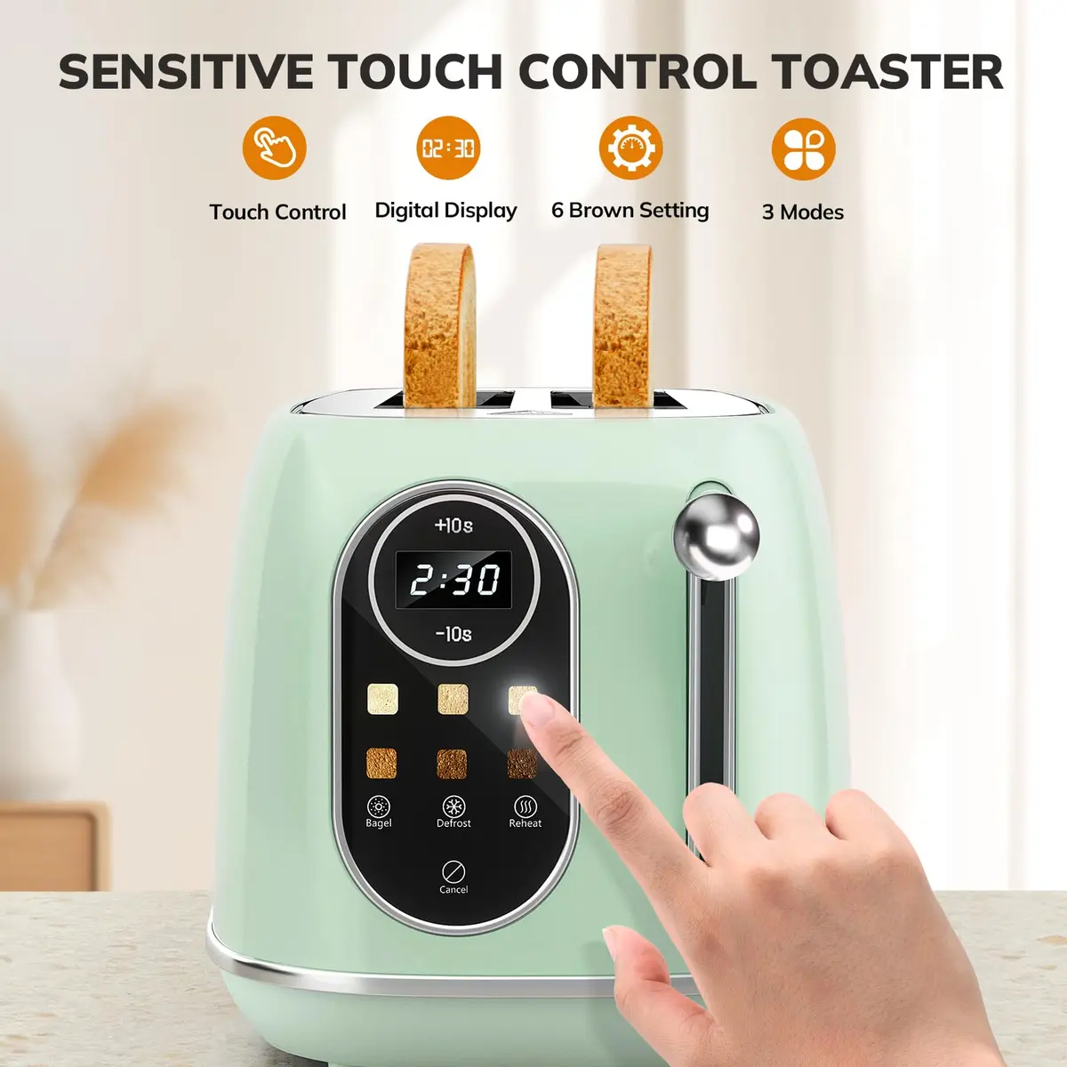 Keenstone Touch Screen Toaster 2 Slice | Retro Wide Slot Stainless Steel with 6 Browning Levels - view 4