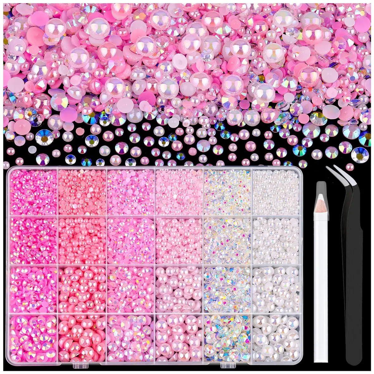 TINKRSTUFF Pink White 14000PCS Nail Art Rhinestones & Pearls Kit | Mixed Sizes 3-8mm Flatback Gems for Crafts - main product image