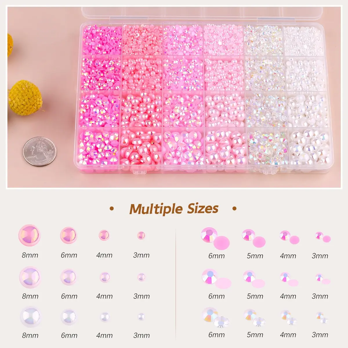 TINKRSTUFF Pink White 14000PCS Nail Art Rhinestones & Pearls Kit | Mixed Sizes 3-8mm Flatback Gems for Crafts - view 2