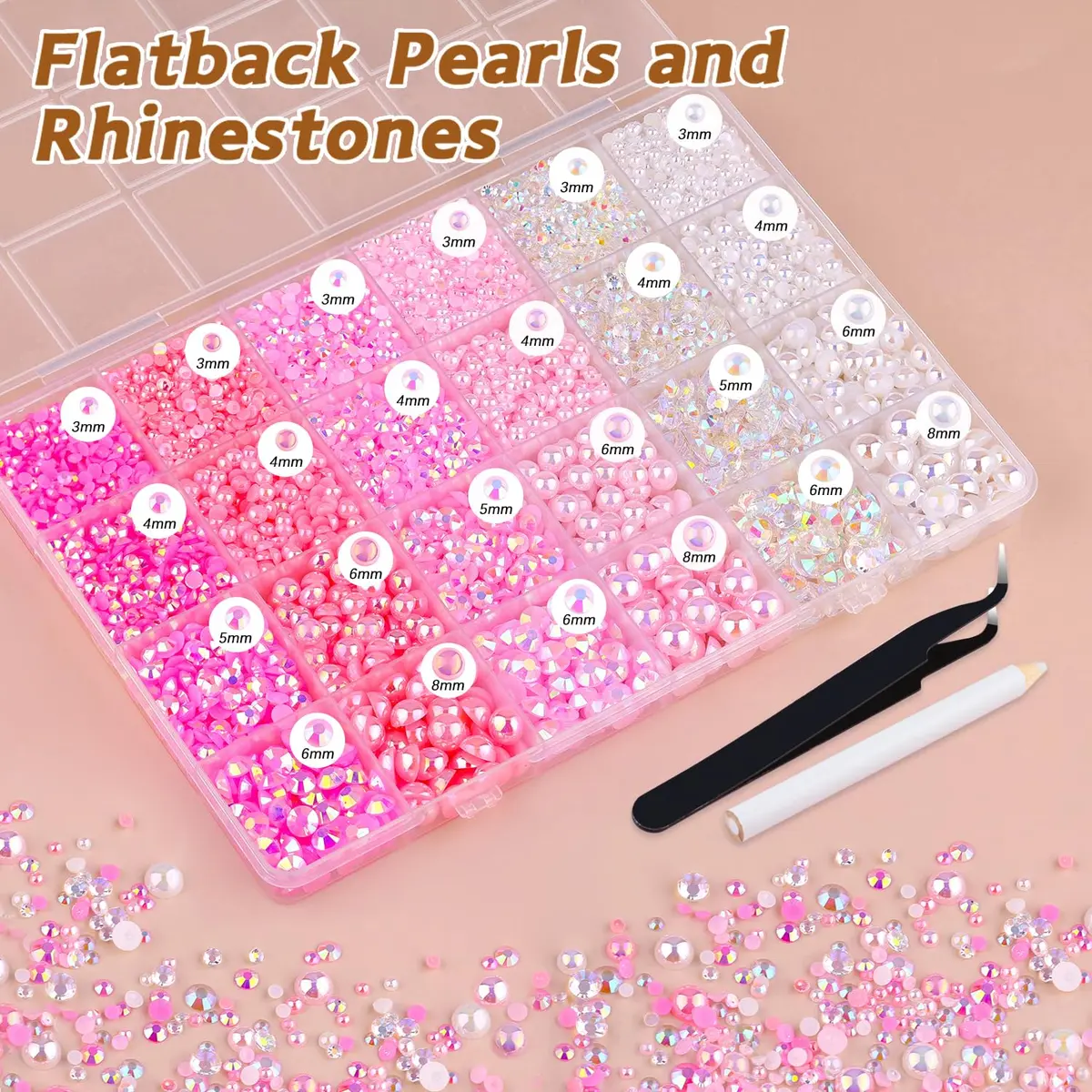 TINKRSTUFF Pink White 14000PCS Nail Art Rhinestones & Pearls Kit | Mixed Sizes 3-8mm Flatback Gems for Crafts - view 3