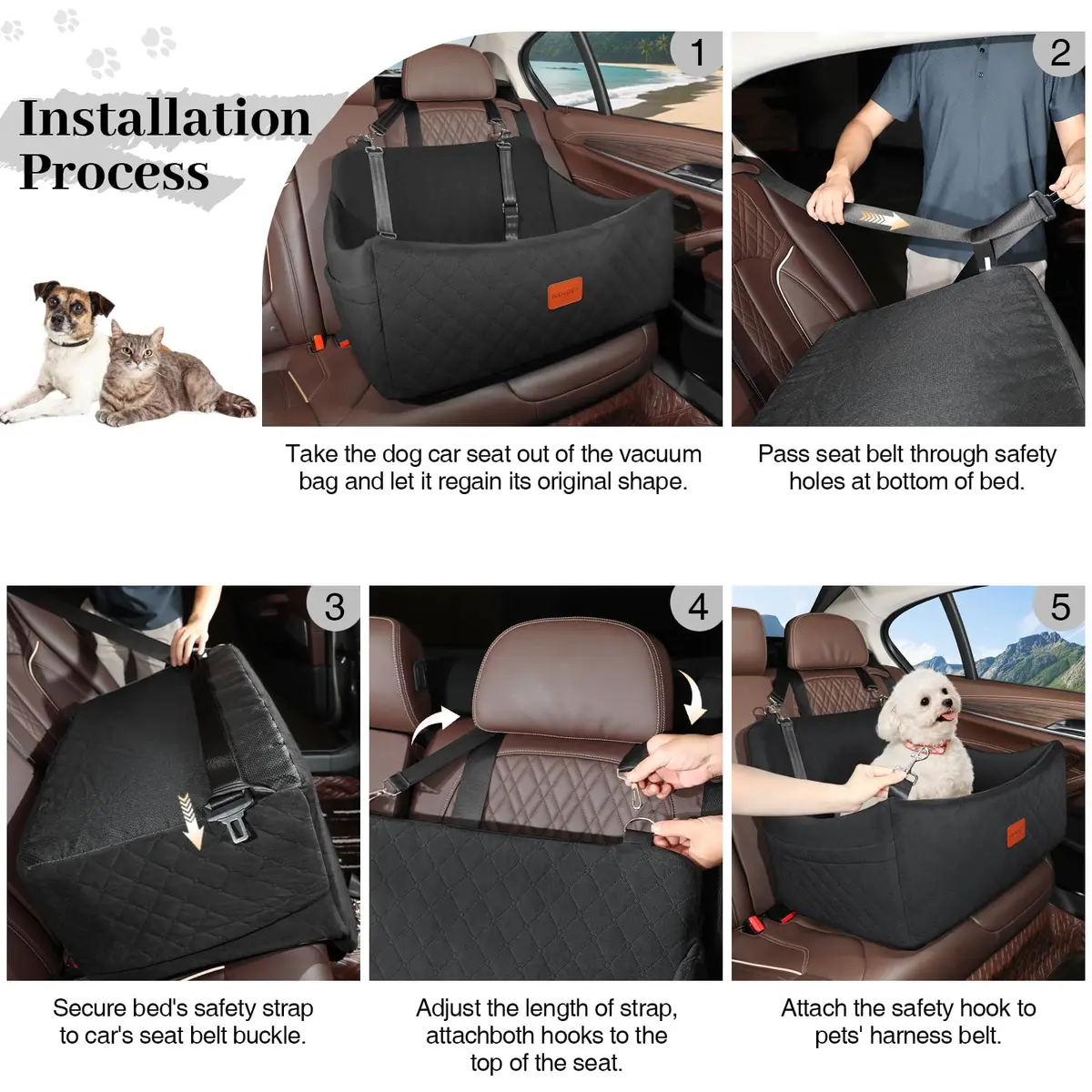 Wooaidagg Dog Car Seat for Medium & Large Dogs Up to 55lbs | Memory Foam Cushion & Safety Straps - view 6