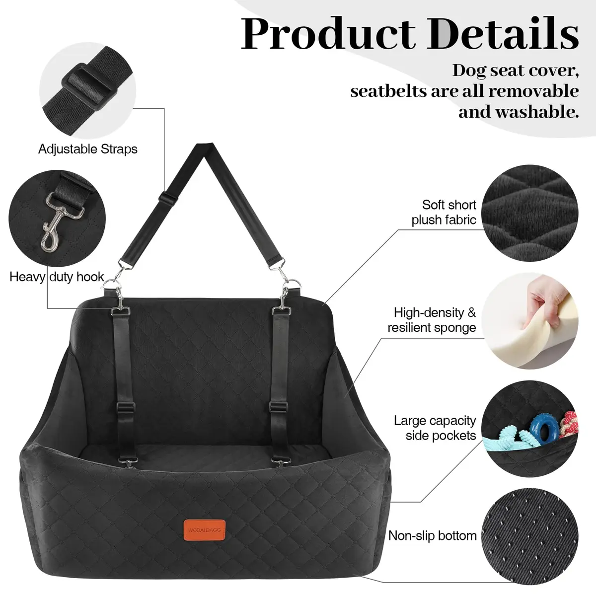 Wooaidagg Dog Car Seat for Medium & Large Dogs Up to 55lbs | Memory Foam Cushion & Safety Straps - view 2