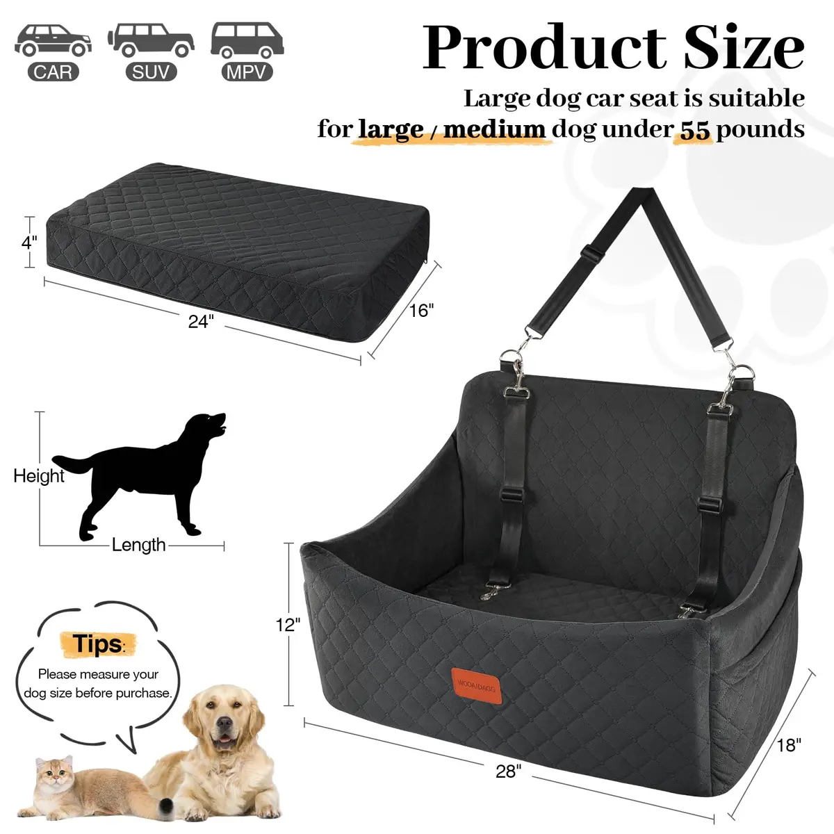 Wooaidagg Dog Car Seat for Medium & Large Dogs Up to 55lbs | Memory Foam Cushion & Safety Straps - view 3