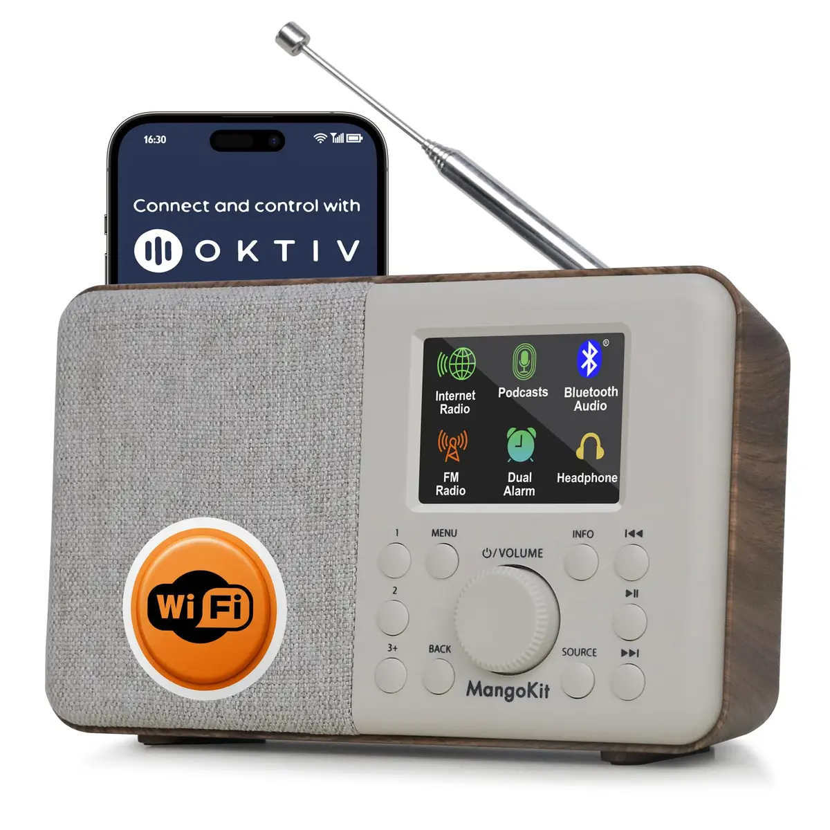 MangoKit SR10 WiFi Internet Radio with Bluetooth, Podcast Player & FM Radio | Portable Digital Radio Walnut - main product image