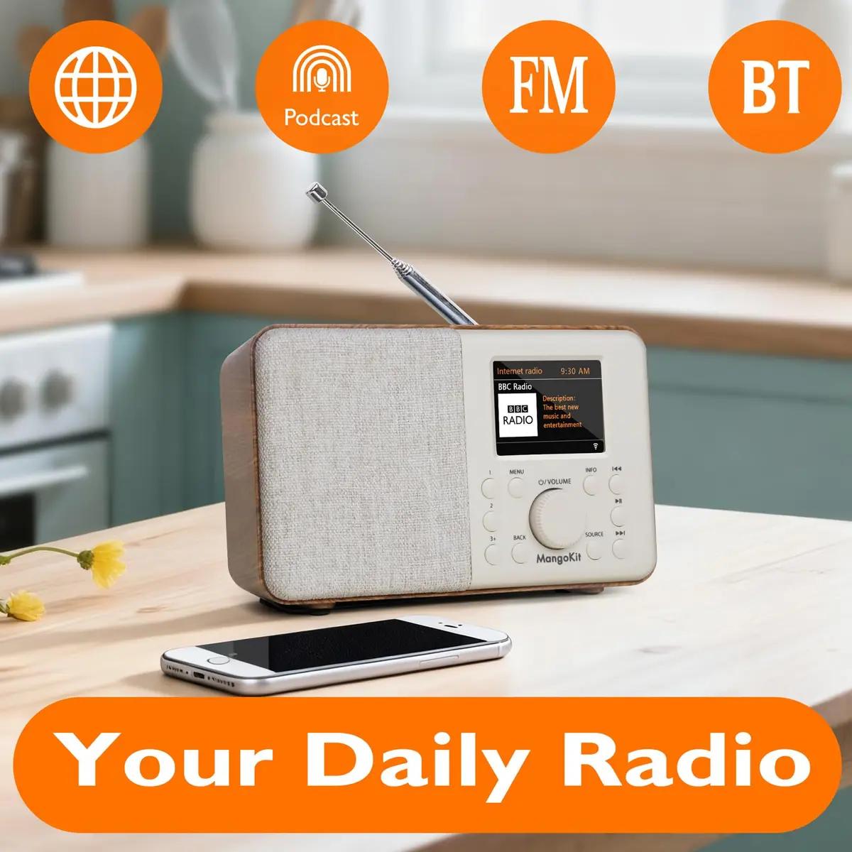 MangoKit SR10 WiFi Internet Radio with Bluetooth, Podcast Player & FM Radio | Portable Digital Radio Walnut - view 2