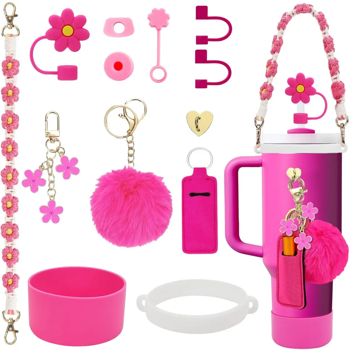 3tyto Rose 13 Pcs Stanley Cup Accessories Set with Bohemian Woven Handle Strap & Silicone Boot for 30oz & 40oz Tumblers - main product image