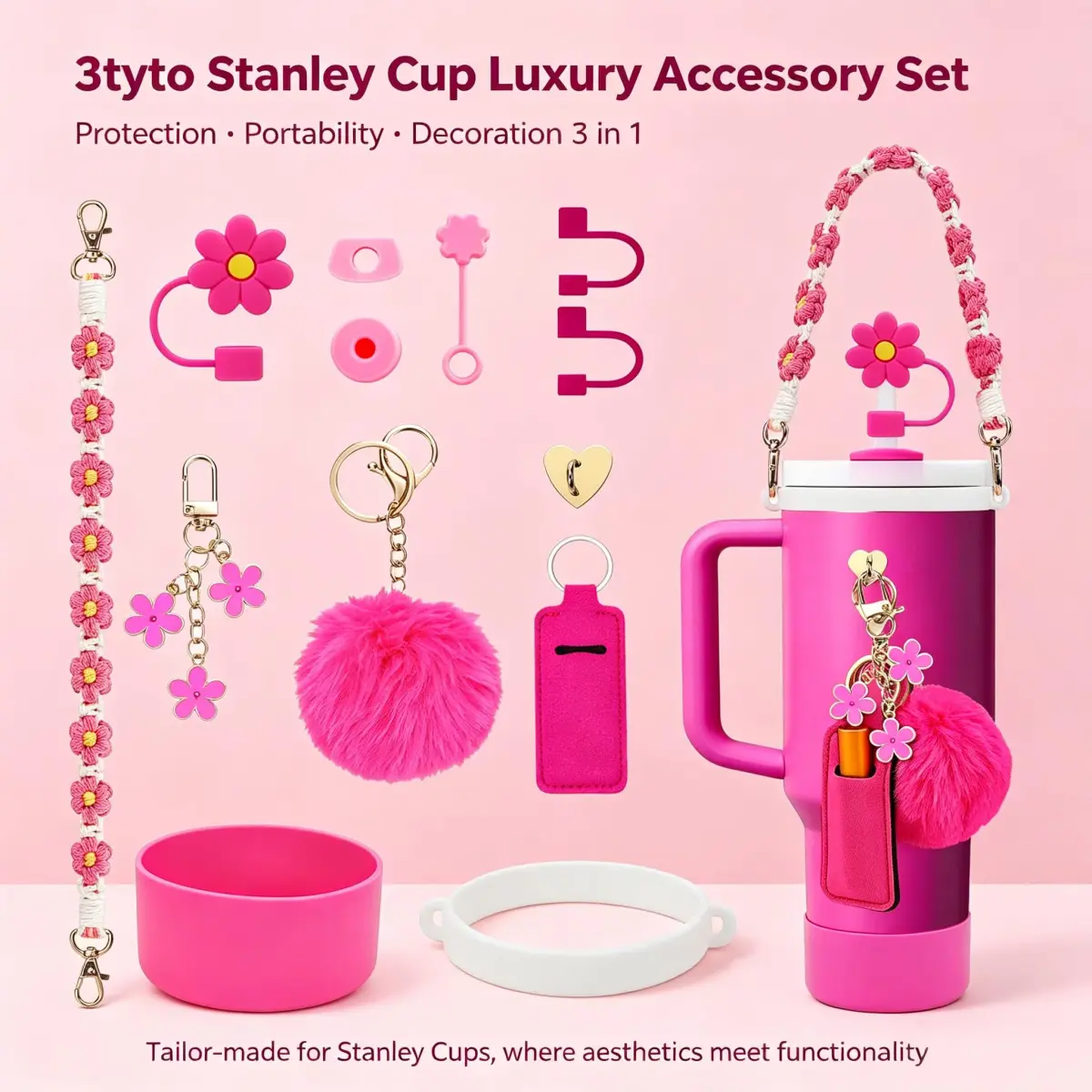3tyto Rose 13 Pcs Stanley Cup Accessories Set with Bohemian Woven Handle Strap & Silicone Boot for 30oz & 40oz Tumblers - view 2
