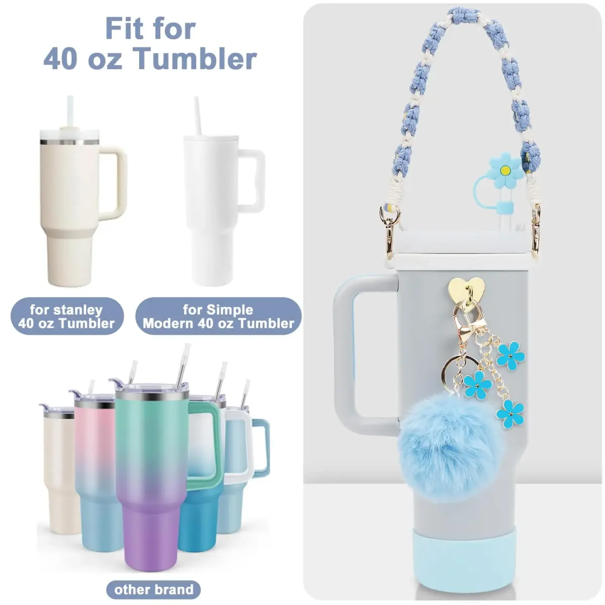 3tyto 13 Pcs Stanley Cup Accessories Set Blue | Bohemian Woven Handle Strap & Silicone Boot for 30oz & 40oz Tumblers - view 4
