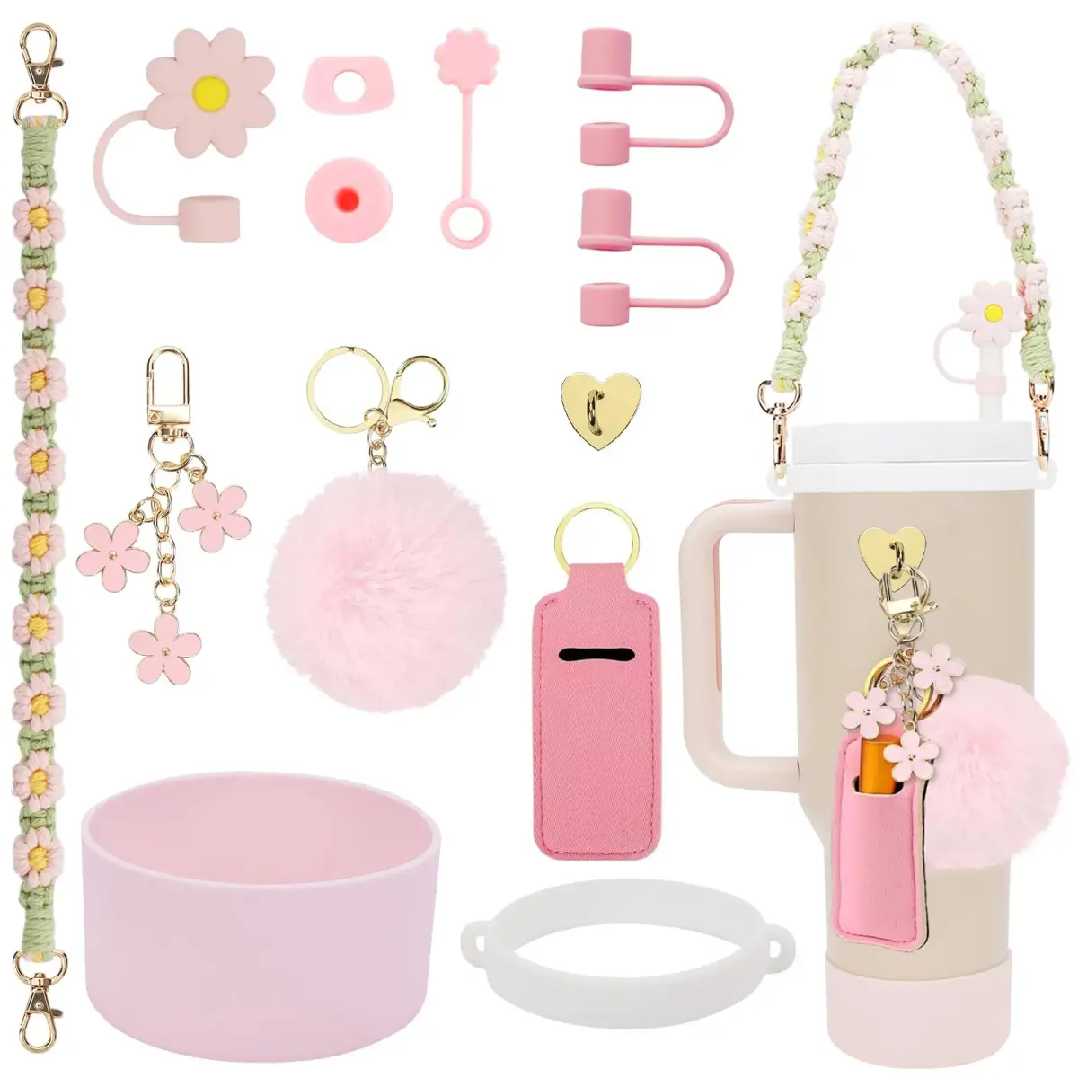 3tyto Light Pink 13 Pcs Stanley Cup Accessories Set with Handle Strap & Silicone Boot - main product image