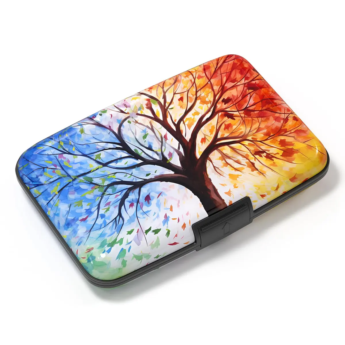 Atufsuat RFID Blocking Aluminum Card Holder for Women, Slim Metal Hard Card Case with 7 Slots, Colorful Trees | Holds up to 14 Cards - main product image